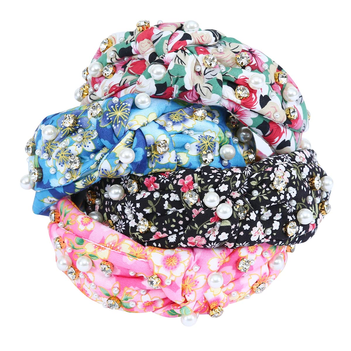 Crystal Knotted Headband Holiday Romantic Vintage Pearl Prints Women Knot Bow Floral Embellished Hair Bands