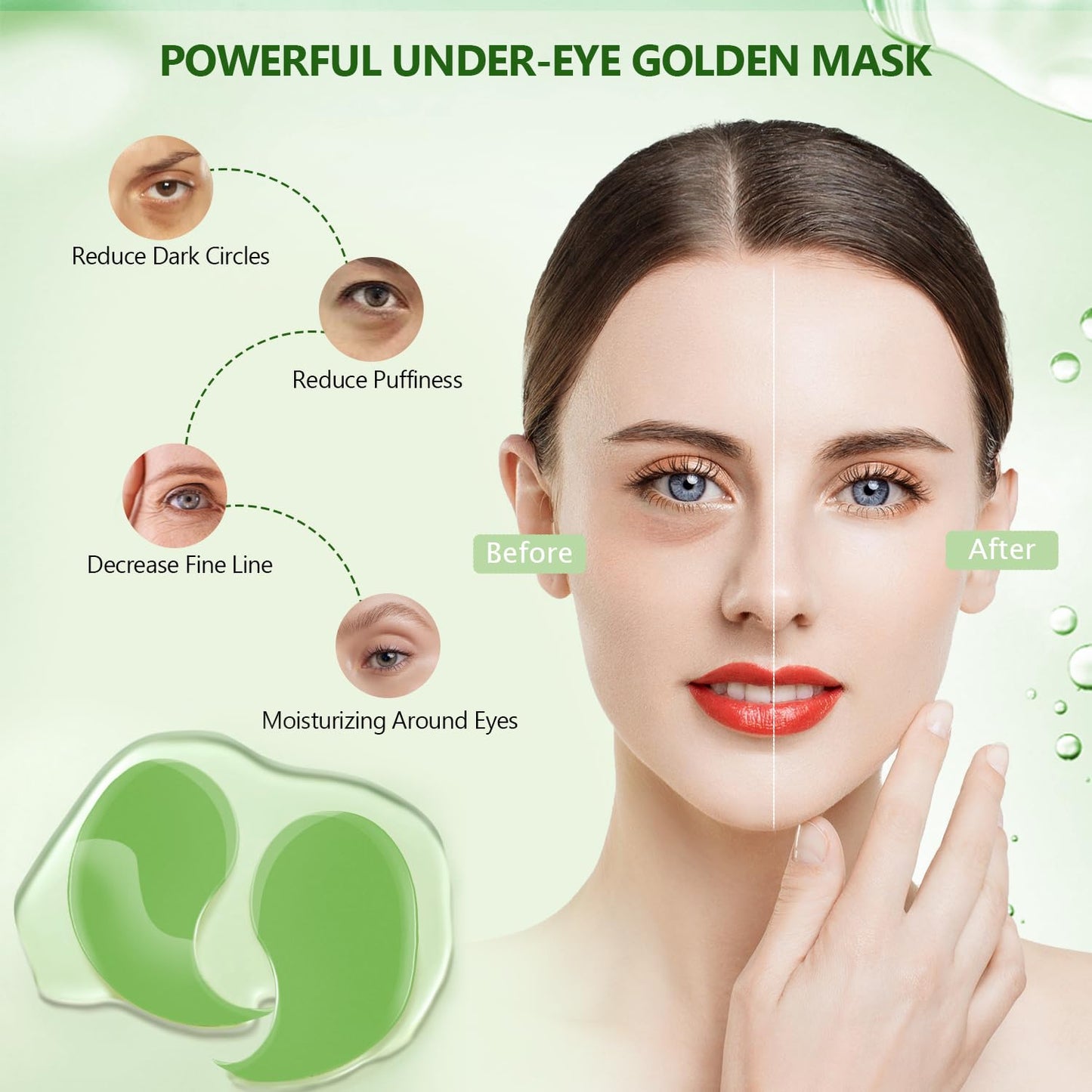 Yargkos Green Eye Mask 60Pcs, 5 Portable 24K Gold Hydrating Under Eye Patches, 30 Pairs Women Men Collagen Undereye Gel Pads for Dark Circles Puffy Eyes Puffiness Wrinkle Eye Bag Treatment