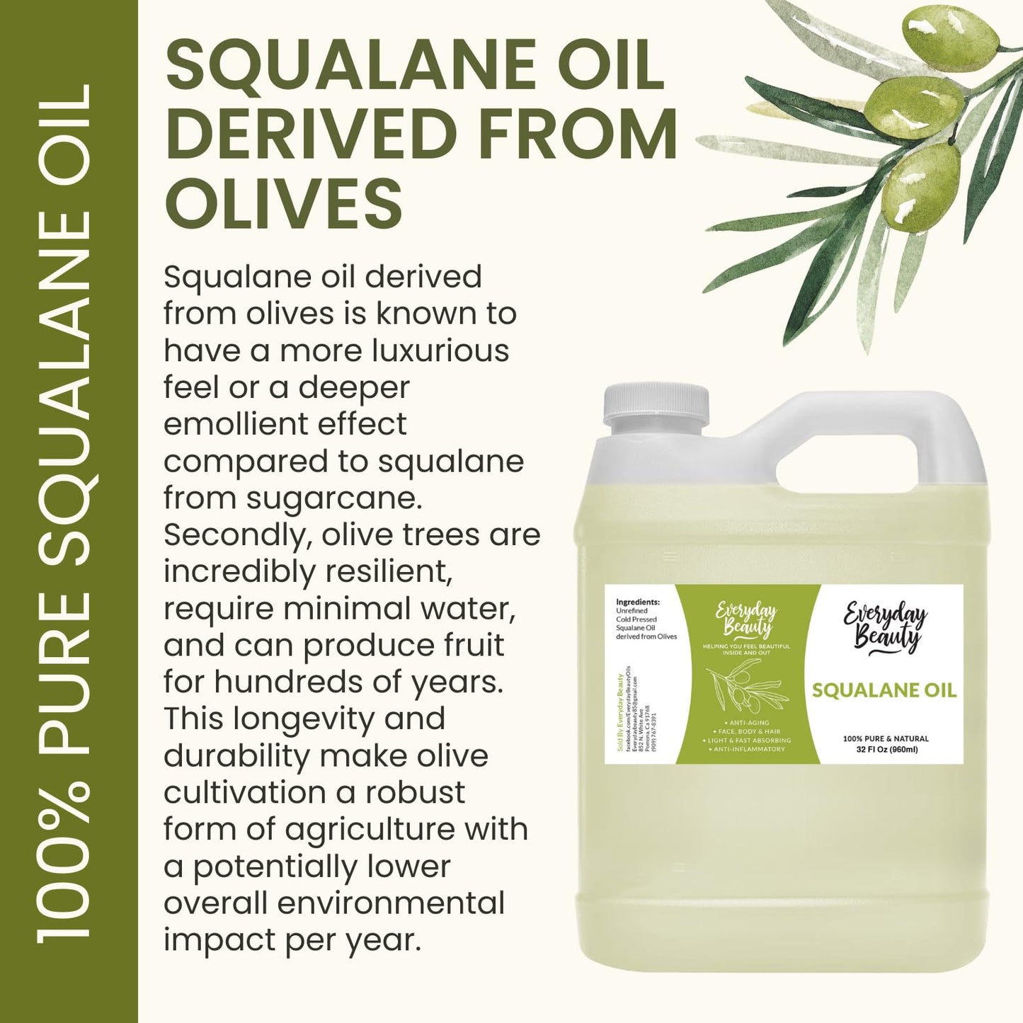 Squalane Oil Bulk- 32 oz 100% Pure & Natural Plant Derived Facial Oil - Cold Pressed and Unrefined Premium Grade Multipurpose Moisturizing Oil For Skin and Hair