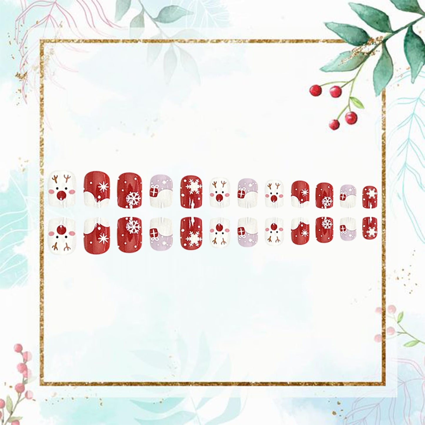 24PCS Christmas Nails Press on Short Red White French Tip Square Fake Nails with Snow White Elk Snowflake Design False Nails Full Cover Winter Xmas Stick on Nails for Women Girls Nail Art Decoration