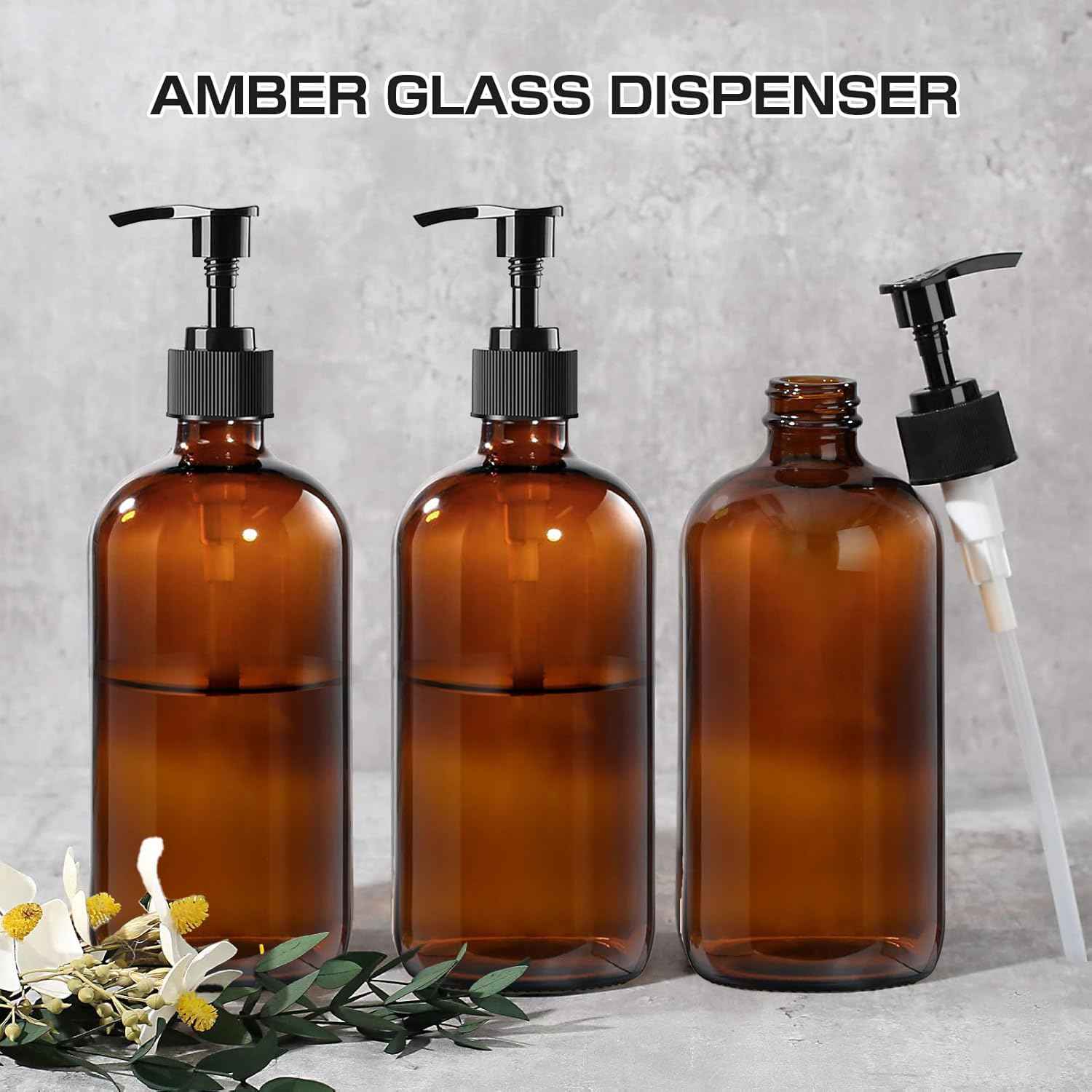 BPFY 4 Pack 16 oz Amber Glass Bottles with Pumps for Shampoo, Essential Oils, Cleaning Products, Lotions, Aromatherapy Oil, Pump Bottles, Refillable Containers with Cap, 8 Chalk Labels, 1 Pen