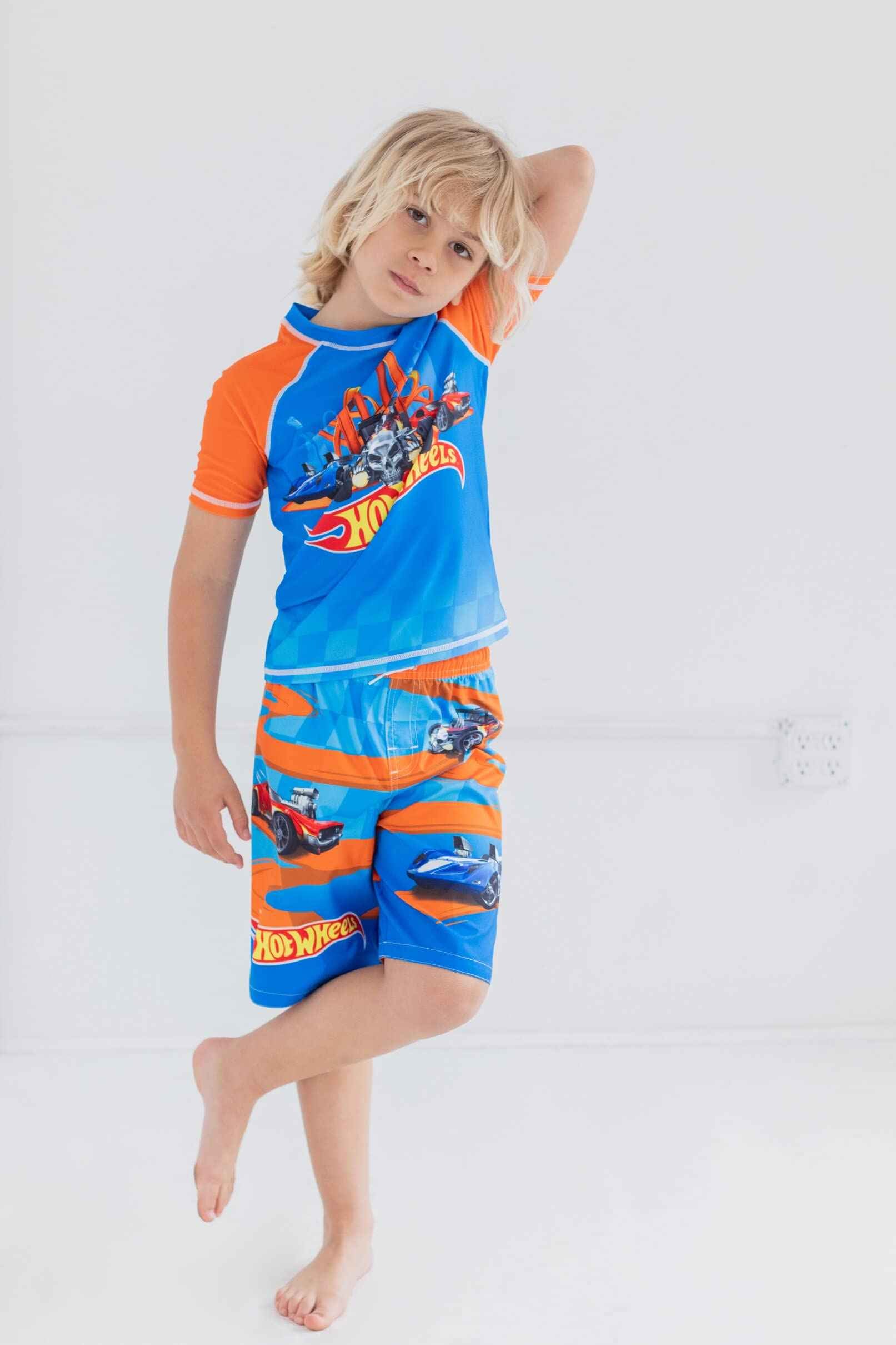 Hot Wheels Little Boys Raglan Pullover Swim Rash Guard Swim Trunks Blue 5