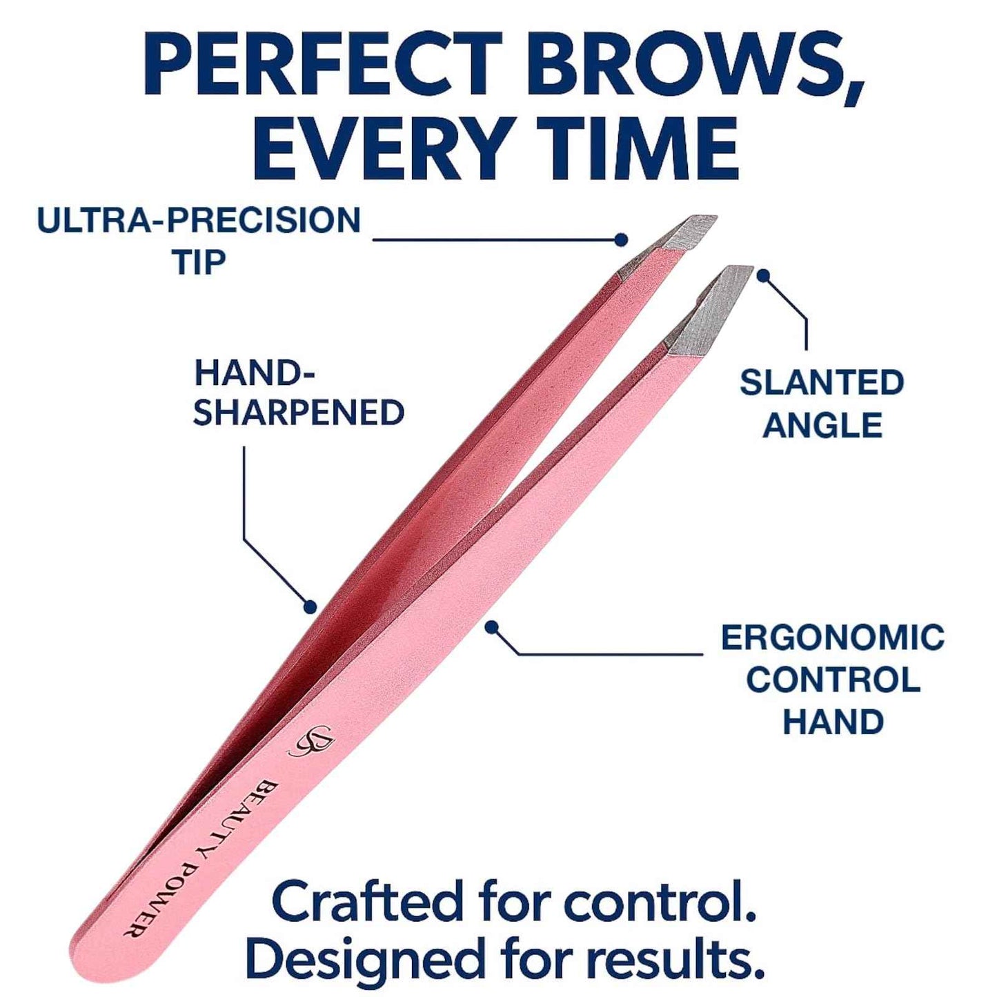 Beauty Power Professional Tweezers in Case - Slant, Durable Lightweight German Stainless Steel, Ultra Precision Tweezers for Eyebrows, Facial Hair, Chin, and Ingrown Hair Removal - Gift (Pink)