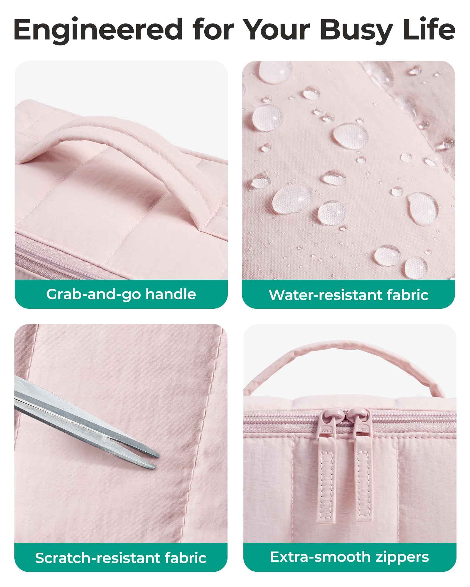 BAGSMART Travel Makeup Bag for Women, Portable Water-resistant Cosmetic Case, Puffy Padded Make Up Organizer Pouch, Open Flat Toiletry Bag for Toiletries, Brushes, Pink