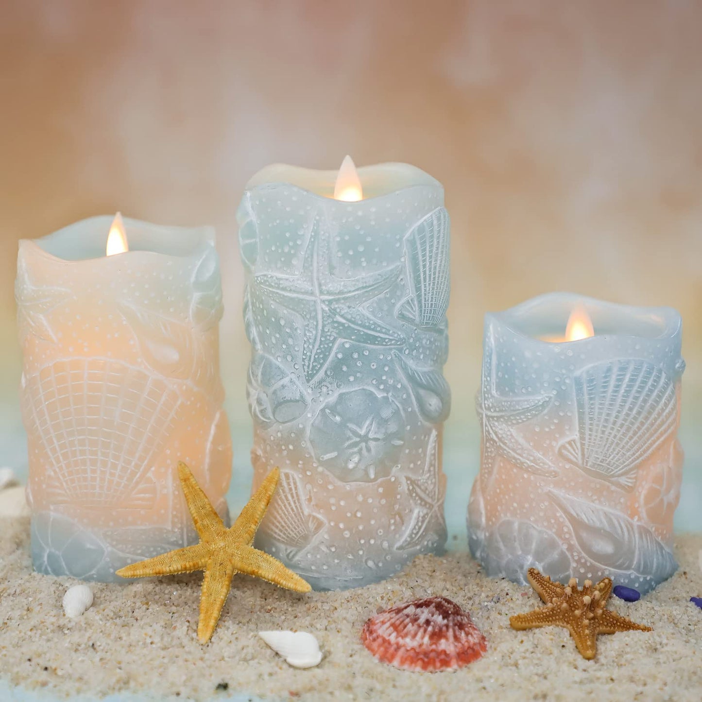 Silverstro Ocean Flameless Candles Remote Carved Seashell Real Wax Flicker Battery Operated Candles for Home Party Wedding Nautical Thanksgiving Christmas Decor - Set of 3(Blue)