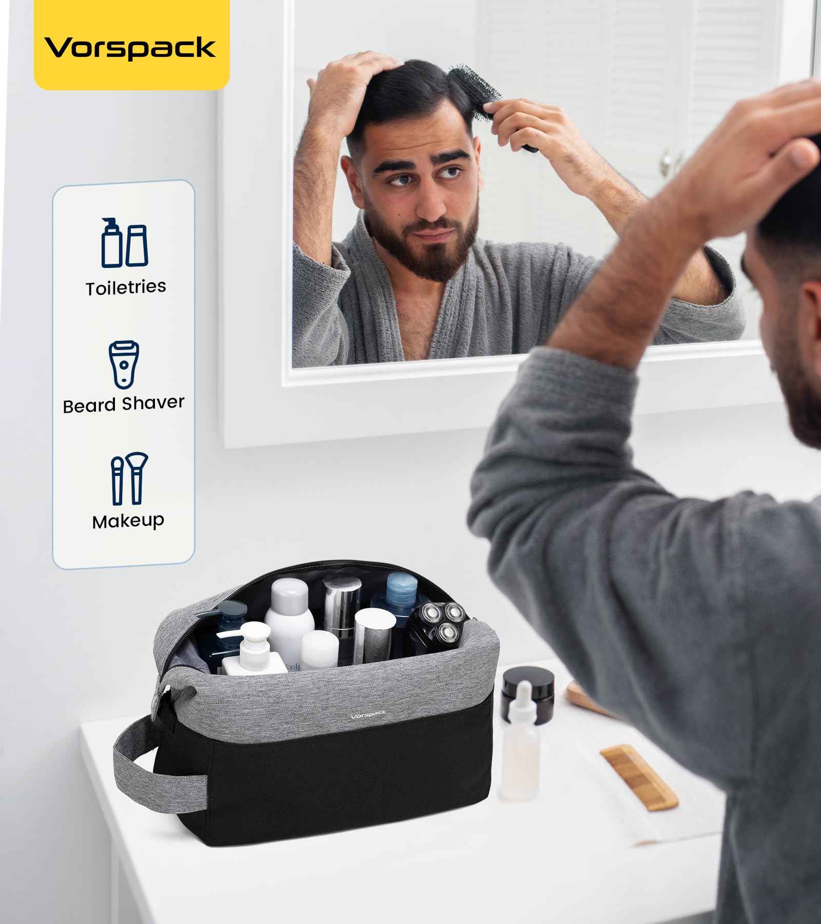 Vorspack Large Travel Toiletry Bag - Water Resistant Travel Bag for Toiletries, Cosmetics, Accessories, Gifts for Men - Black