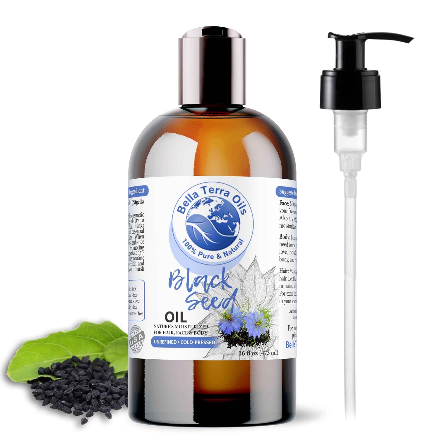 Bella Terra Oils - Black Seed Oil 16oz - Purity from Black Cumin Seeds, Bursting with Omega Fatty Acids & Vitamins, Enhance Your Beauty Regimen