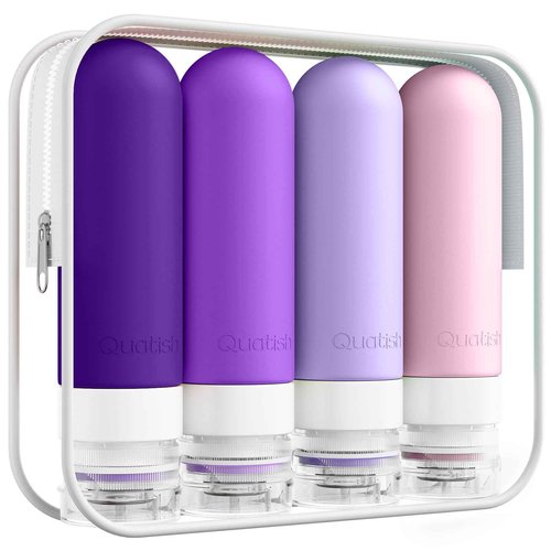 Quatish Travel Bottles for Toiletries, Original Patented Leak Proof Travel Size Containers, 3 oz Tsa Approved Silicone Shampoo and Conditioner Bottles, 4 Pack,，Purple