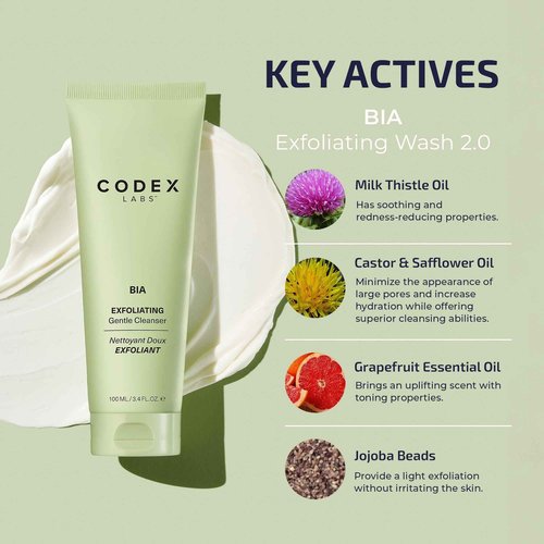 Codex Labs Bia Exfoliating Face Wash 2.0 - Gentle Facial Cleanser for Women, Dry & Sensitive Skin - Vegan Face Cleanser with Jojoba & Milk Thistle, All Skin Types, Cruelty-Free Skincare (3.4oz)