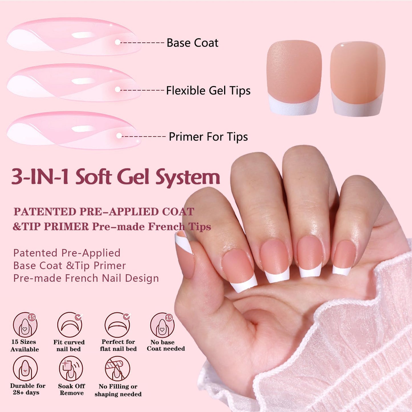 MAGIC ARMOR French Gel Nail Tips, 150PCS Brown French Tip Press on Nails 3 in 1 Soft Gel Fake Nails Pre-Applied Tip Primer & Base Coat,No Need to File Acrylic Nail Tips Kit for Nail Extension 15 Sizes