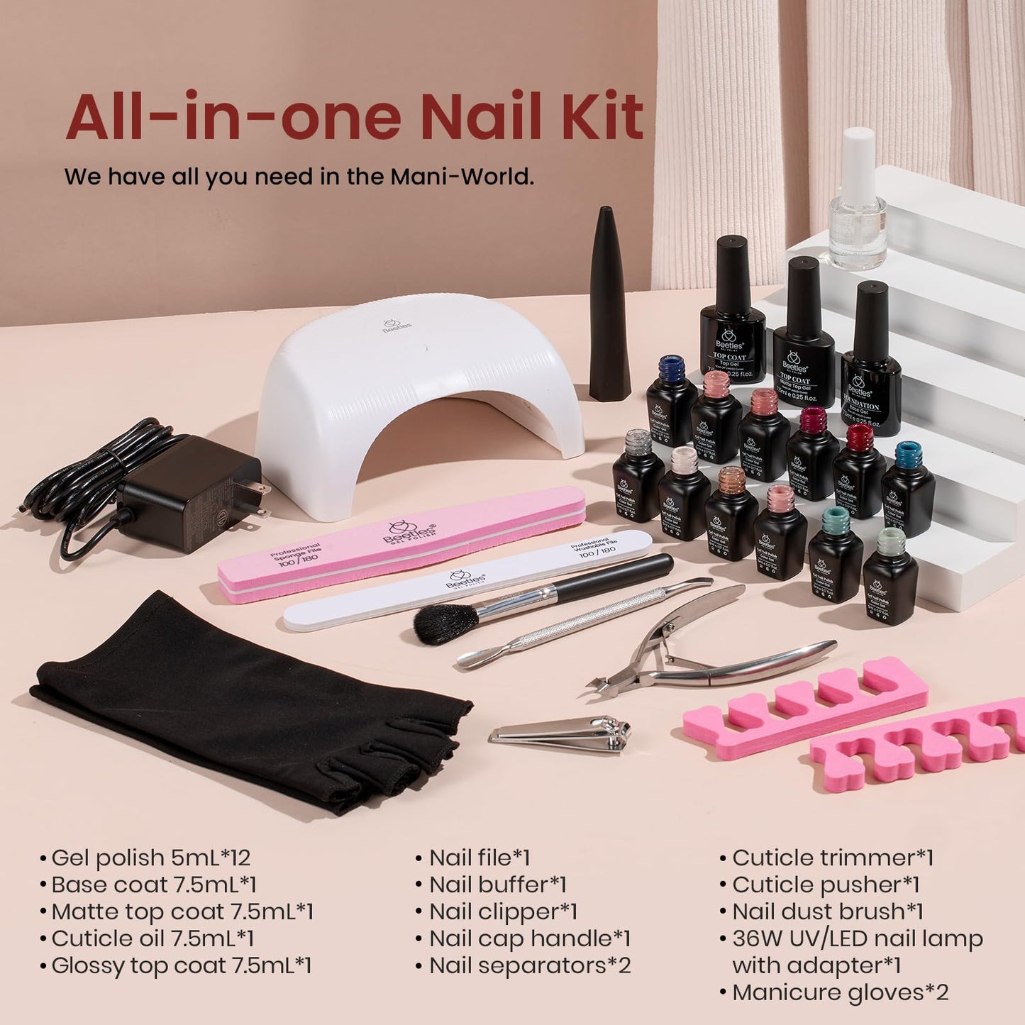 Beetles Gel Nail Polish Kit with UV Light 28 Pcs Gel Nail Polish Starter Kit 12 Colors Pink Blue Red Glitter Gel Polish Fall Winter Set Manicure Soak off DIY Gel Polish Kit