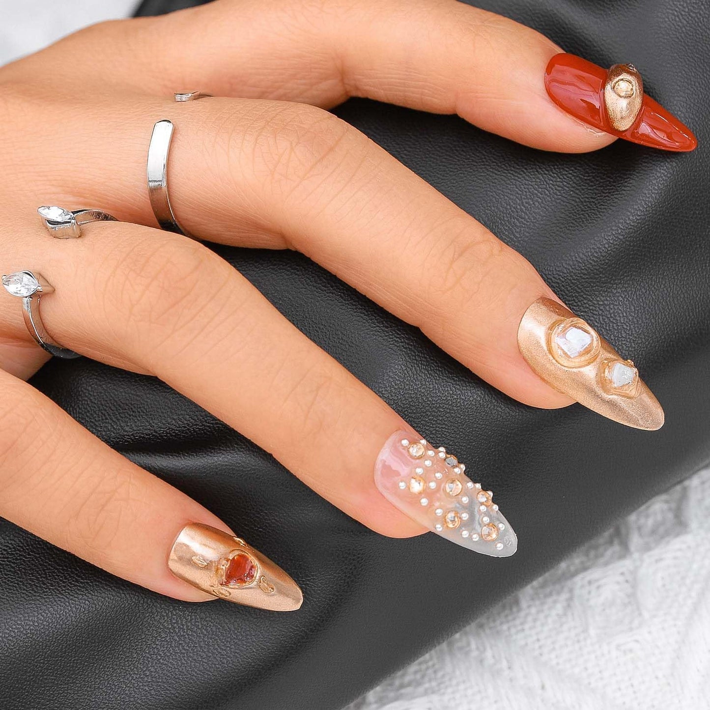 Sethexy Gold Handmade Press On Nails Long Almond Luxury False Nails with Design Acrylic Glossy Pearl Fake Nails Salon Nail for Women and Girls 10PCS (Gold)