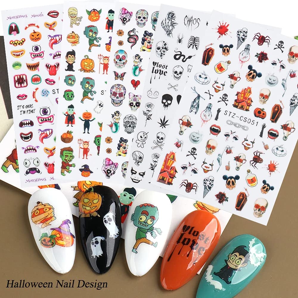 Autumn & Halloween Nail Stickers, 9 Sheets Skull Nail Decals 3D Self-Adhesive Fall Leaves Pumpkin Bat Ghost Spider Web Skeleton Pattern Nail Art Design for Thanksgiving Halloween Party