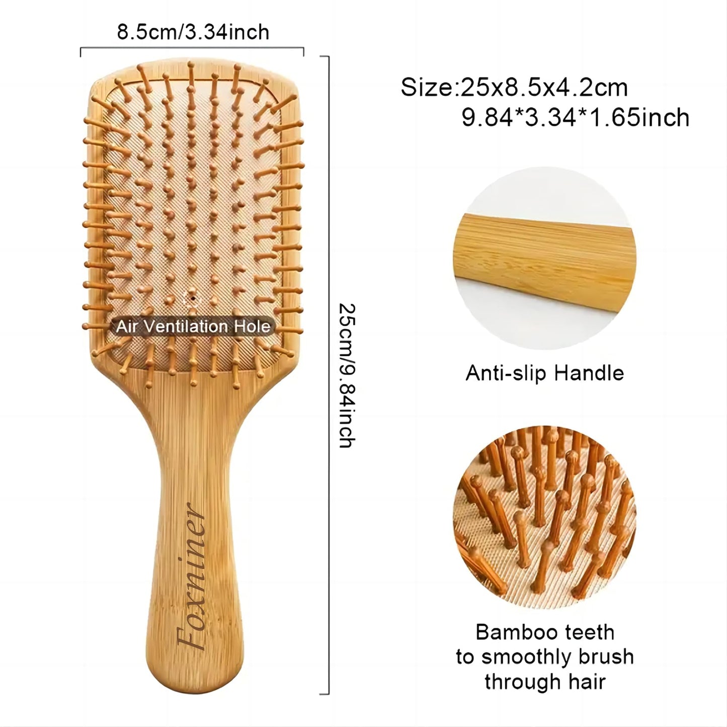 Foxniner Bamboo brush,bamboo hair brush,wooden hair brush,Eco Friendly Paddle Hairbrush for Women Men and Kids Make Thin Long Curly Hair Health and Massage Scalp· (Large Bamboo Square Comb)