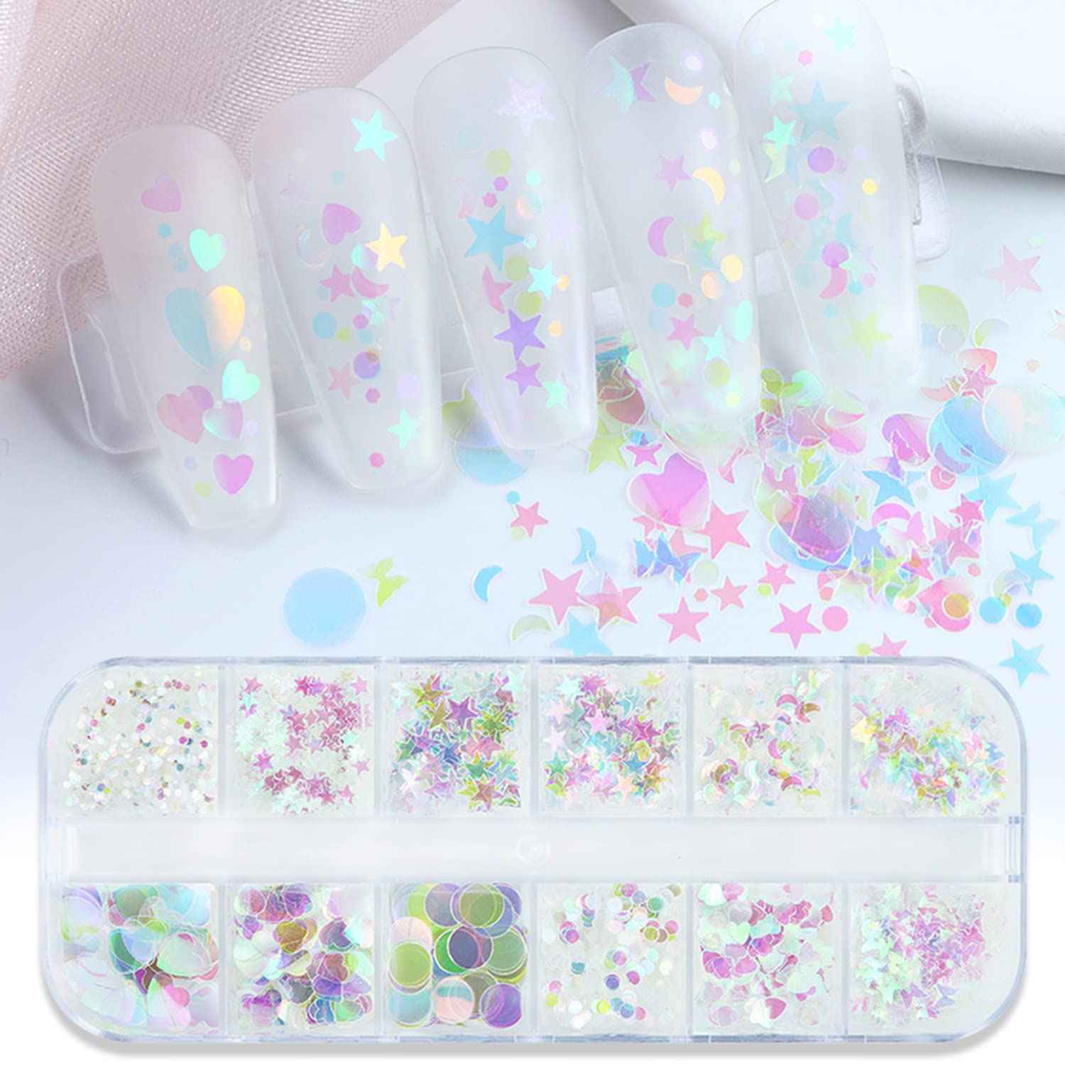 Nail Art Glitter Sequins, 3D Clear Iridescent Ultra-Thin Nail Art Glitter Flakes Designs, Mermaid Love Heart Butterfly Star Moon Round Shapes Nail Glitter Slices for Women Manicure Charms Decorations