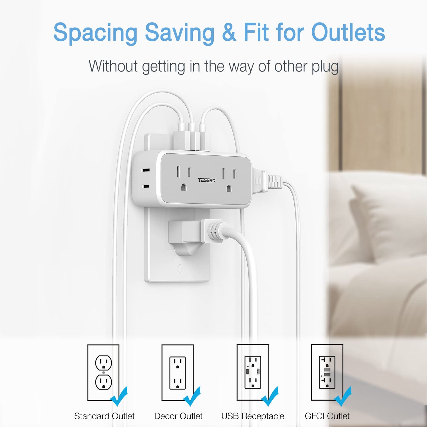 Multi Plug Outlet Splitter with USB, TESSAN 4 Electrical Multiple Outlet Extender with 3 USB Wall Plug, Mini Double Plug Expander for Travel, Home, Office, Dorm