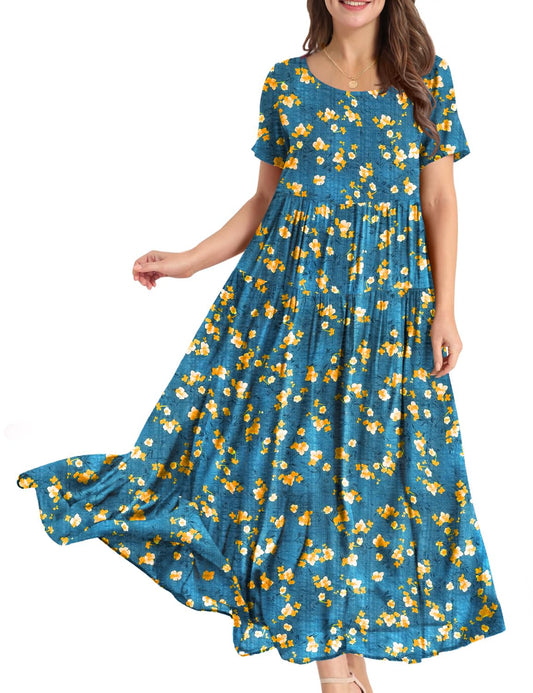 YESNO Women Casual Loose Bohemian Floral Dress with Pockets Short Sleeve Long Maxi Summer Beach Swing Dress S EJF CR416