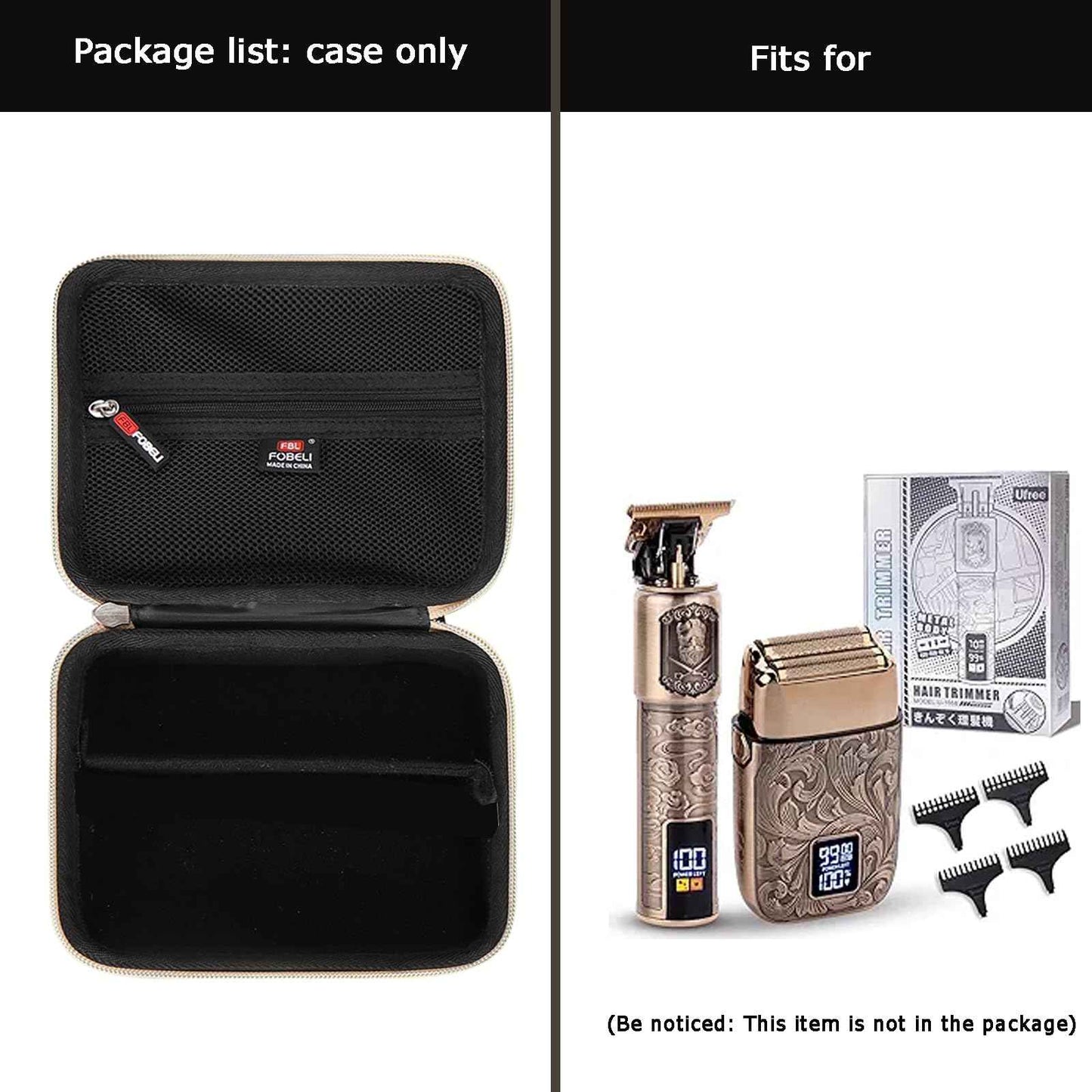 FBLFOBELI EVA Hard Storage Case for Ufree/for Brightup FK-8788T/ for Wahl 9916-817V Electric Razor Foil Shavers for Men, Hair Beard Trimmer Grooming Shaving Kit Storage Holder (Black+Gold Zipper)