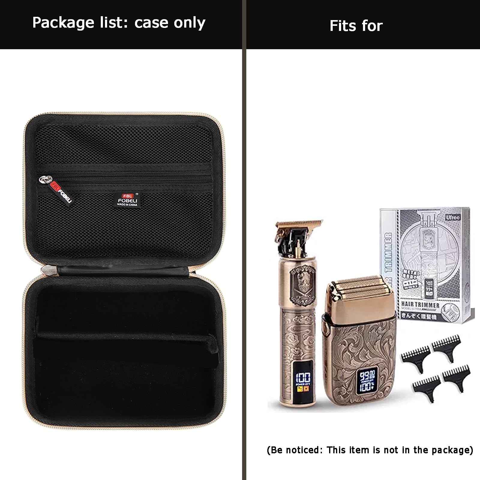 FBLFOBELI EVA Hard Storage Case for Ufree/for Brightup FK-8788T/ for Wahl 9916-817V Electric Razor Foil Shavers for Men, Hair Beard Trimmer Grooming Shaving Kit Storage Holder (Black+Gold Zipper)