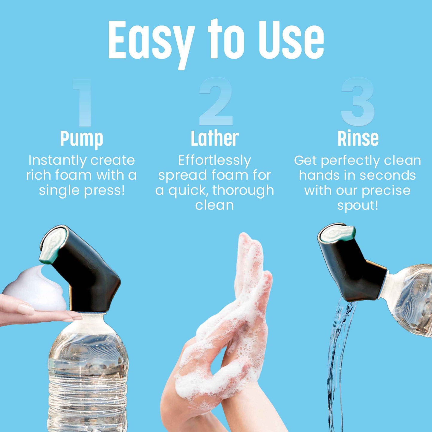 Suds2go Water Bottle Wash Refillable Caps 2-Pack, Portable Hand Washing Station with Foam Pump and Universal Foam Dispenser, As Seen on Shark Tank, Ideal for Outdoor and On-The-Go Use – Black
