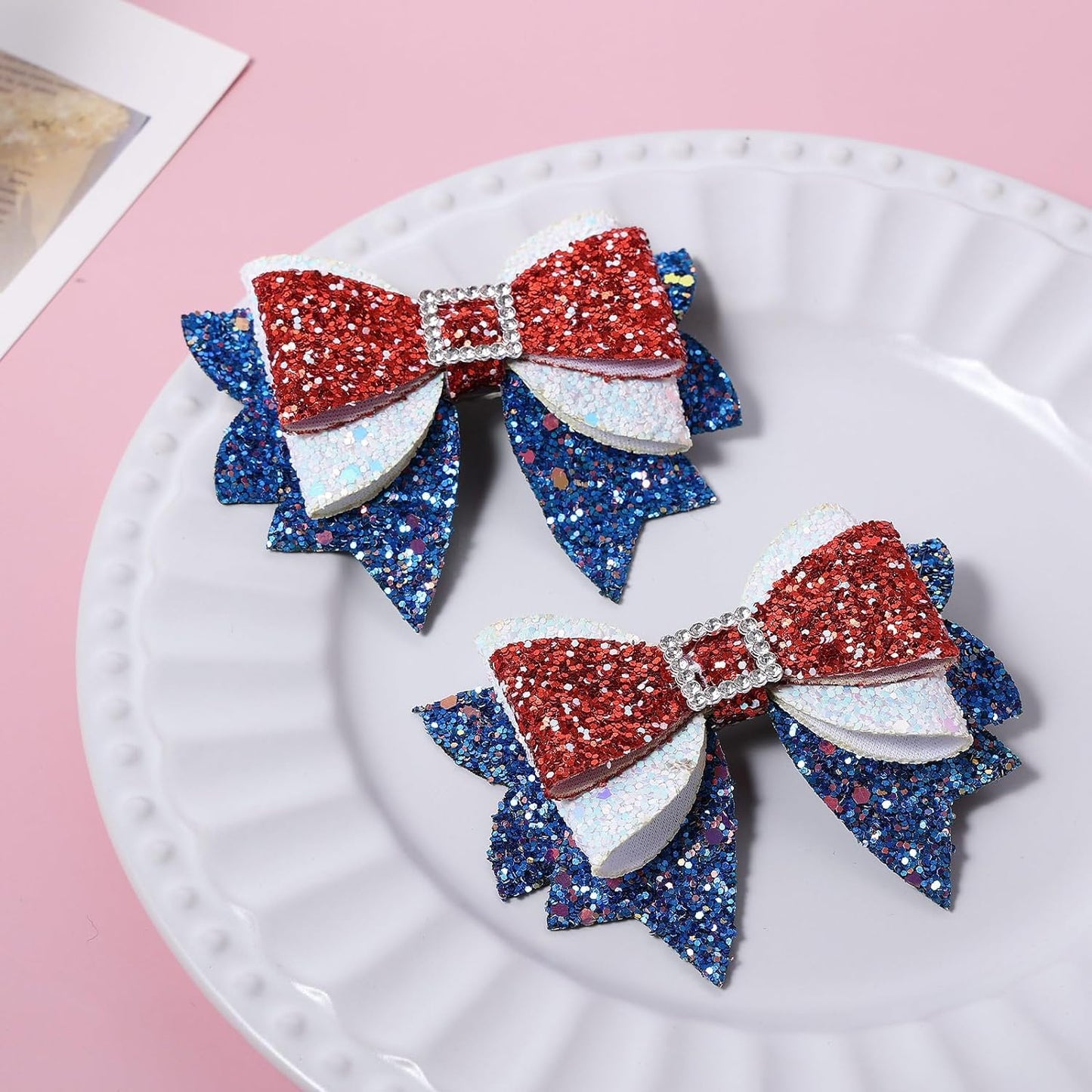 4th of July Hair Clips Glitter Bows Hair Claw Clips Red Blue White Bow Alligator Clips Independence Day Hair Clip with Sequins Rhinestone Design Patriotic Party Hair Accessories for Women and Girls