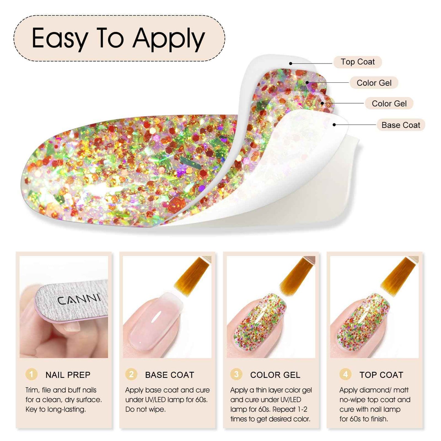 CANNI Gel Polish Glitter Gel Nail Polish Set, 8 Colors Shimmery Prism Flash Red Green Purple Fine Glitter Gel Polish U V LED Soak Off Manicure Kit Gift for Women Girls