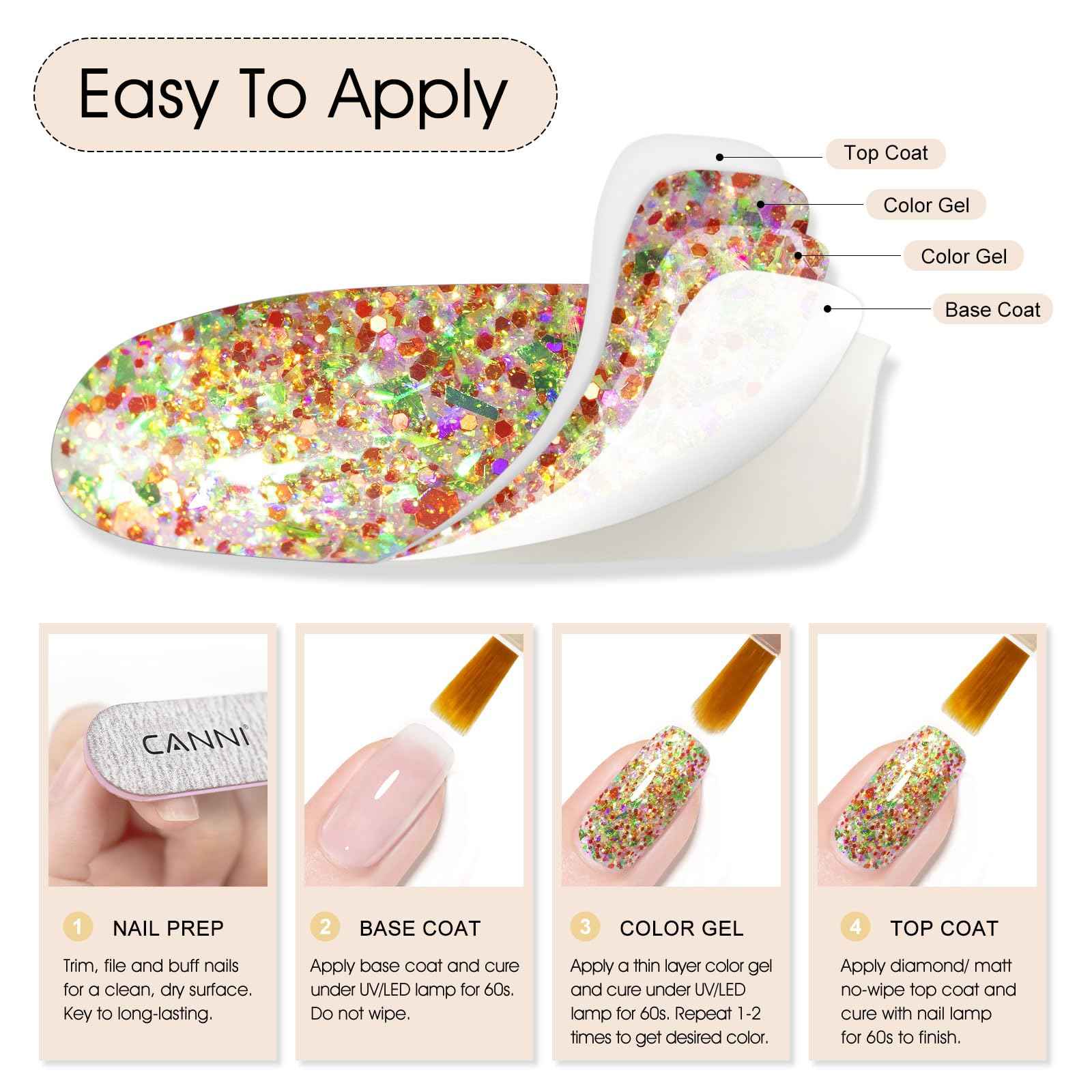 CANNI Gel Polish Glitter Gel Nail Polish Set, 8 Colors Shimmery Prism Flash Red Green Purple Fine Glitter Gel Polish U V LED Soak Off Manicure Kit Gift for Women Girls