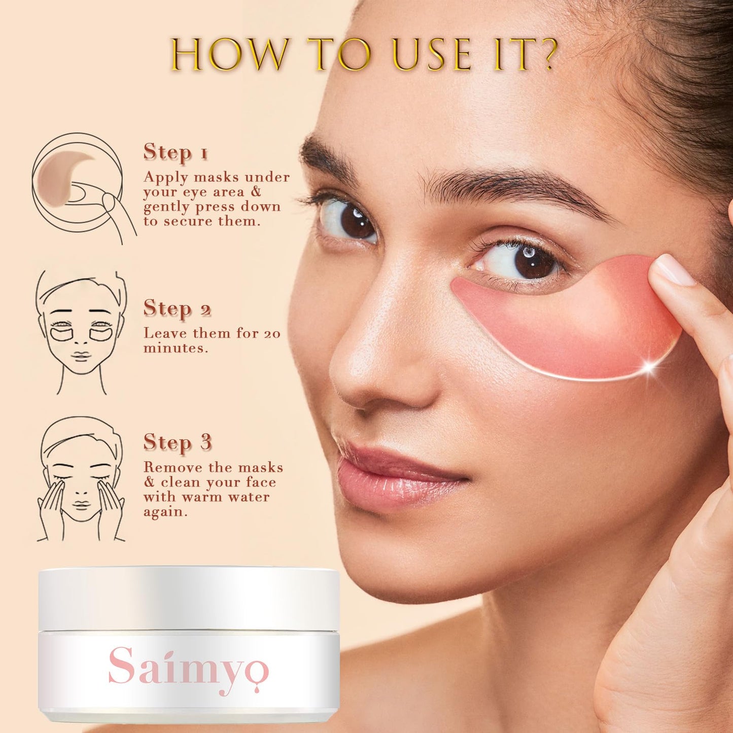 Saimyo 24K GOLD Eye Mask– 60 Pcs - Gold Under Eye Mask Retinol & Collagen - Puffy Eyes and Dark Circles Treatments – Look Younger and Reduce Wrinkles and Fine Lines Undereye