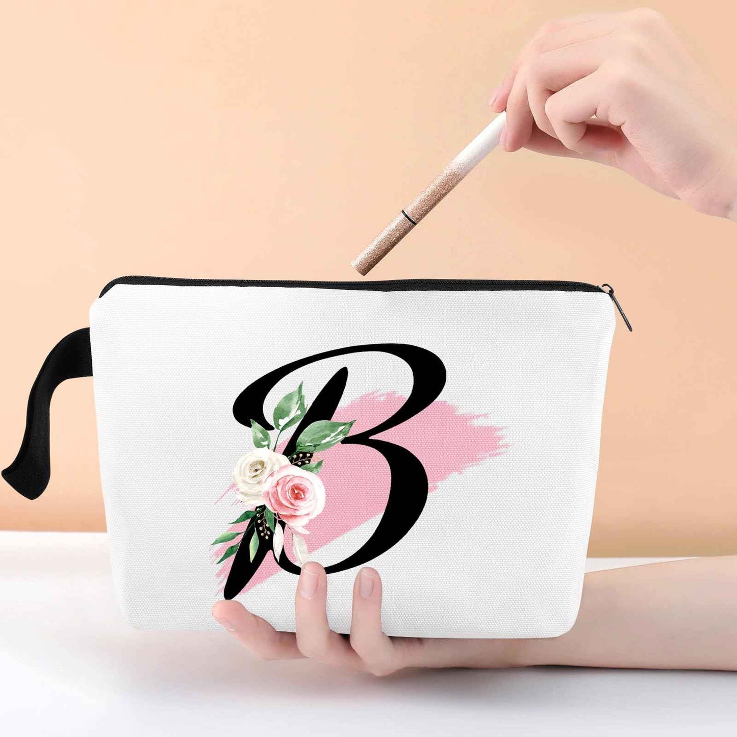 Prettyui Initial Monogram Personalized Makeup Bag, Bride Bridesmaid Cosmetic Bag, Portable Cosmetic Bag Toiletry Bag Travel Bag Birthday Gifts for Women Girl, Personalized Cosmetic Bag for Women (B)