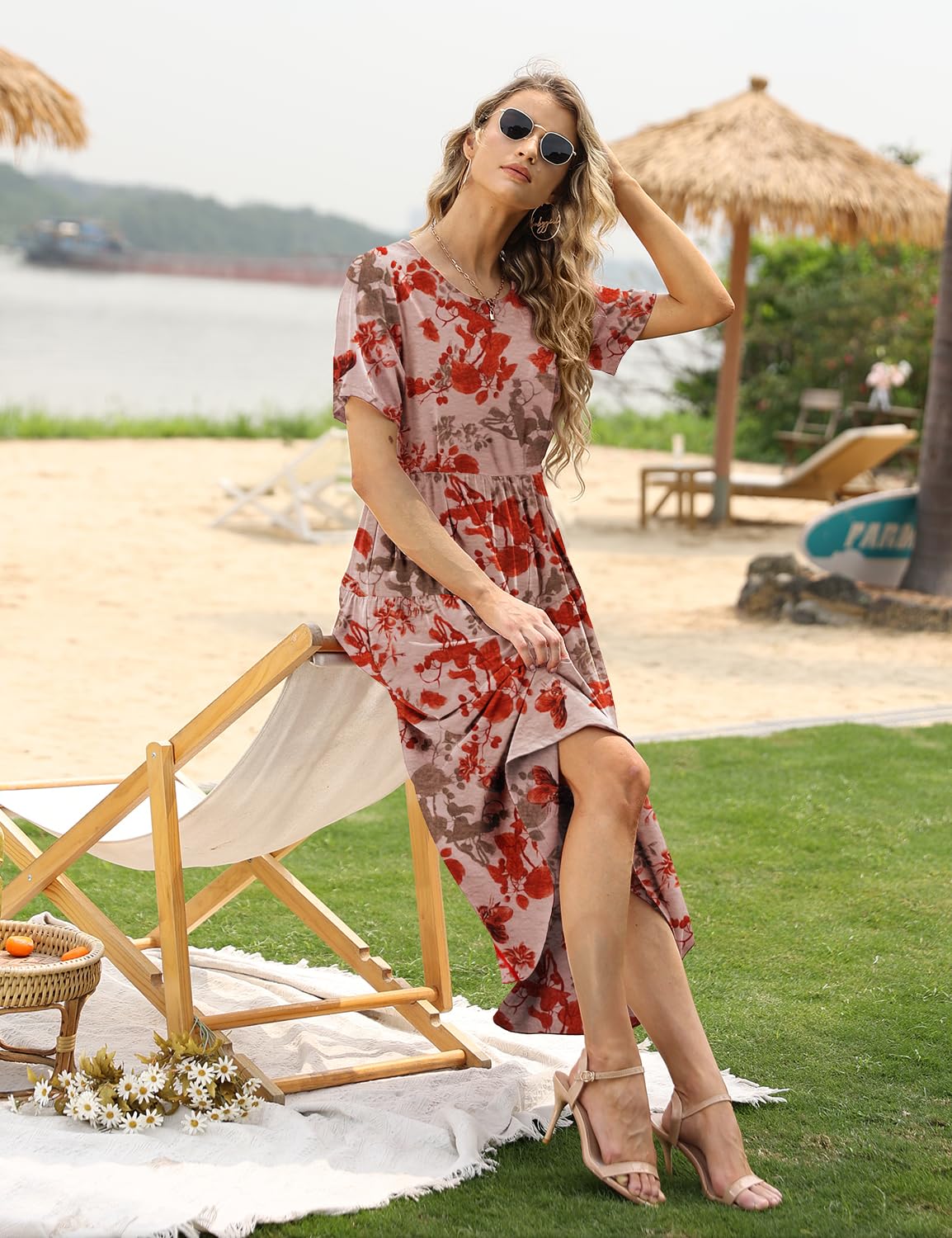 YESNO Women Casual Loose Bohemian Floral Dress with Pockets Short Sleeve Long Maxi Summer Beach Swing Dress M EJF CR421