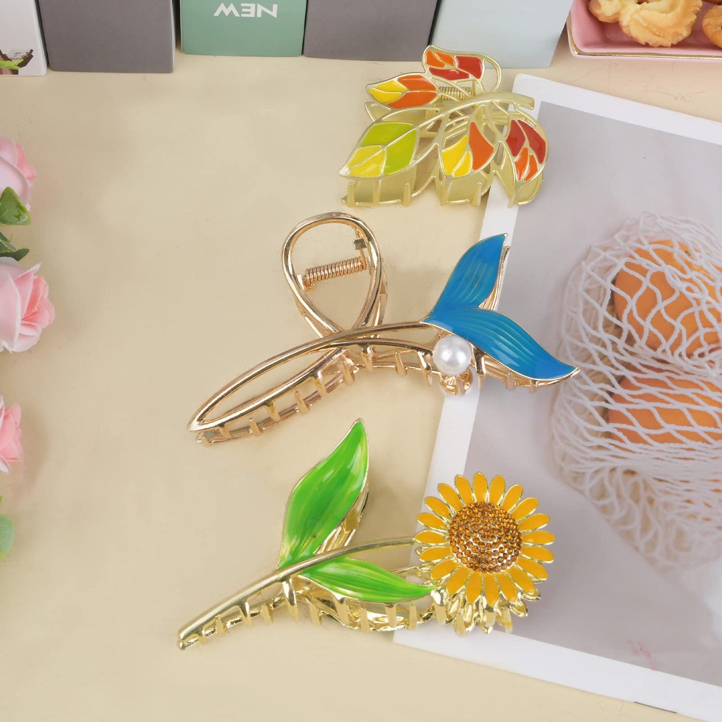 Yonchic 3-Piece Flower Metal Hair Clips, Muticolor Leaves Hair Claw for Thin/Medium Thick Hair, Elegant Sunflower Floral Barrettes Strong Hold Clamps Non-Slip Cute Fish Tail Claws Accessories