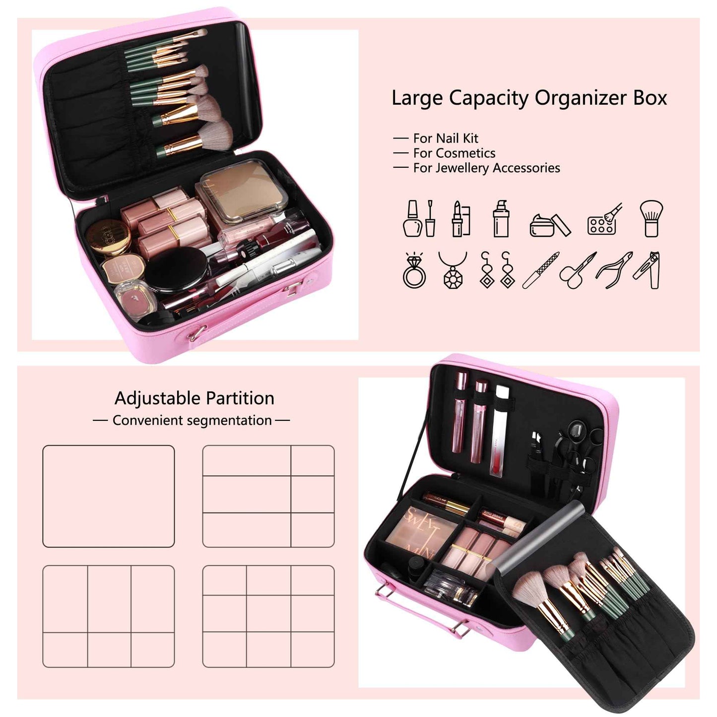 WangSelect Travel Makeup Bag with Light-up Mirror Portable Cosmetic Organizer Train Case with Adjustable Dividers & Brushes Holder &1X/10X Magnifying Compact Mirror & Eyebrow Trimmer- Pink