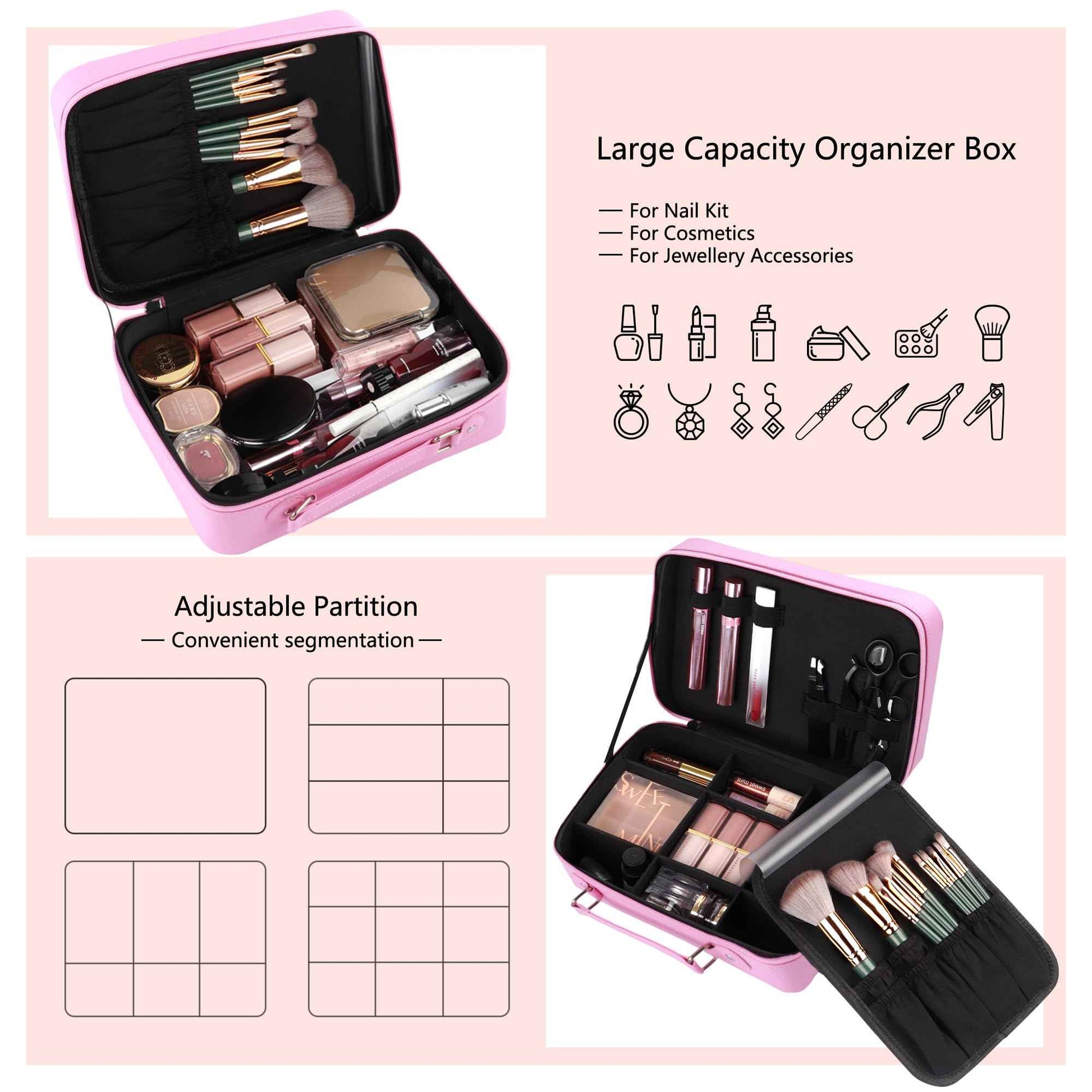 WangSelect Travel Makeup Bag with Light-up Mirror Portable Cosmetic Organizer Train Case with Adjustable Dividers & Brushes Holder &1X/10X Magnifying Compact Mirror & Eyebrow Trimmer- Pink