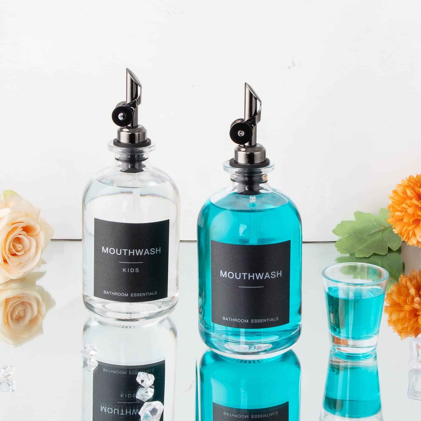 HomeFeel Black Glass Mouthwash Dispenser with Cups, 12.7 oz, 2 Pack - Clear Mouthwash Bottle with 304 Stainless Steel Spout & Minimalist Labels, Style Mouthwash Container for Bathroom