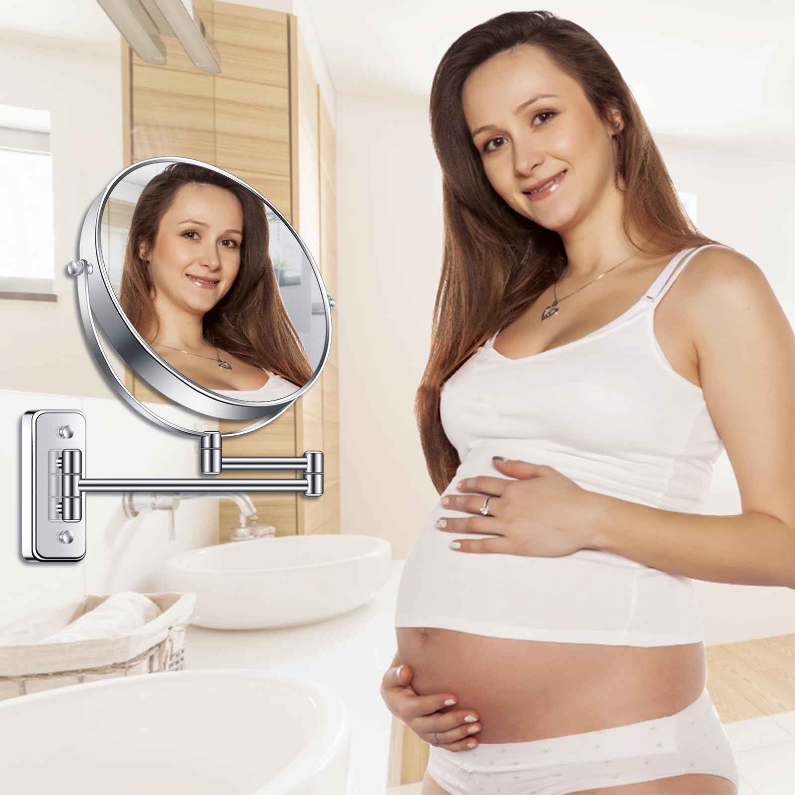 BTremary 9” Large Wall Mounted Makeup Mirror 1X/7X Double-Side Bathroom Magnifying Mirror 360 Swivel Vanity Mirror Extendable Shaving Wall Mount Cosmetic Mirror for Men and Women, Chrome