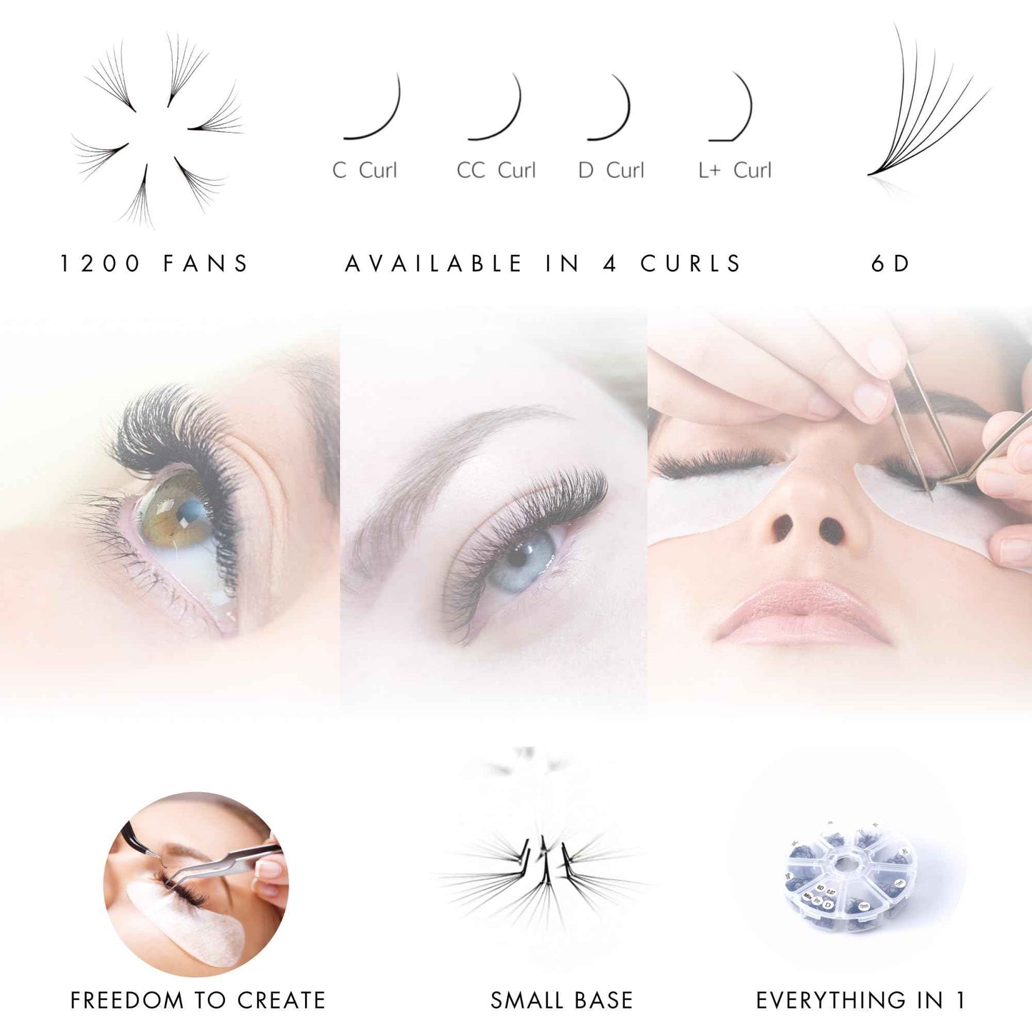 1200 Premade volume fans eyelash extension | 8 sizes-in-1 round mixed box | Includes lengths 9-16mm | C, CC, D, M, L curl| For professional lash artists | 6D Volume (CC Curl)