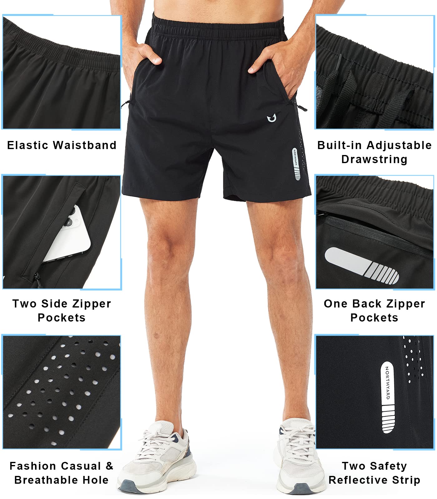 NORTHYARD Men's Athletic Running Shorts Quick Dry Workout Shorts 7"/ 5"/ 9" Lightweight Sports Gym Basketball Shorts Hiking Exercise Black-5inch S