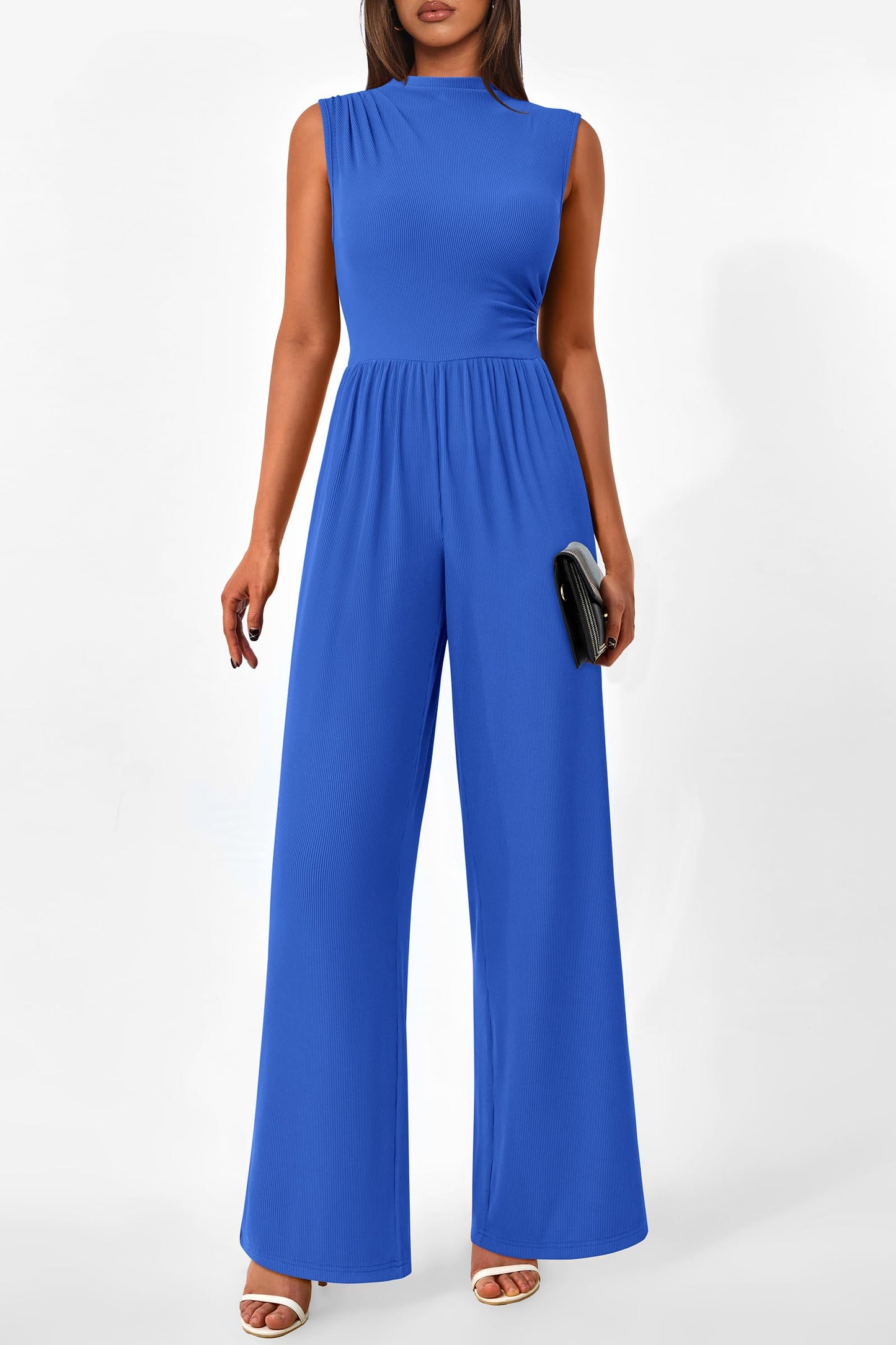 PRETTYGARDEN Womens Summer Jumpsuits Dressy Casual One Piece Outfits Sleeveless Mock Neck Wide Leg Pants Rompers with Pockets (Style2-Blue,Small)