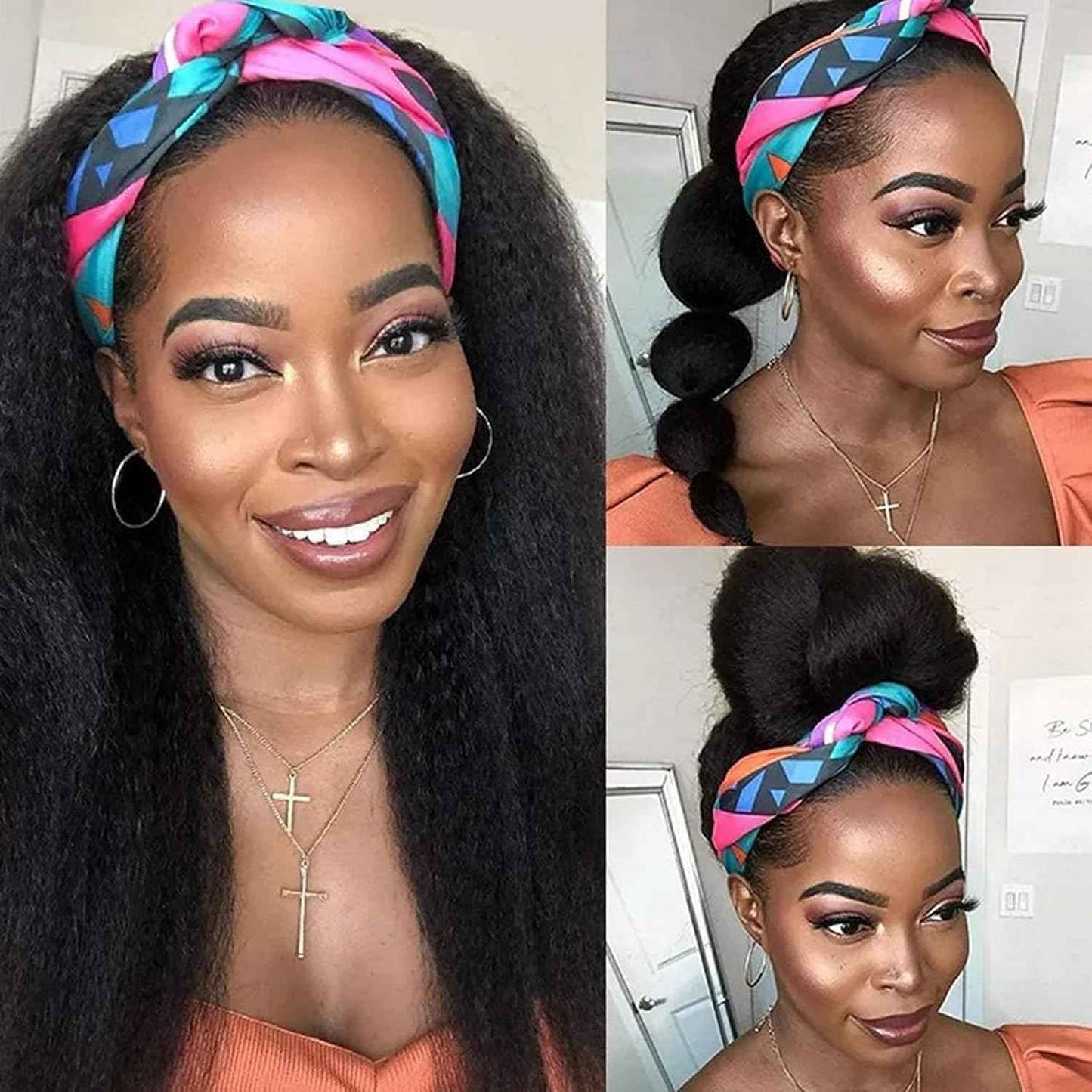 Kinky Straight Headband Wig 16 Inch Human Hair Headband Wigs for Black Women Glueless Yaki Straight Human Hair Headband Wigs Natural Black color