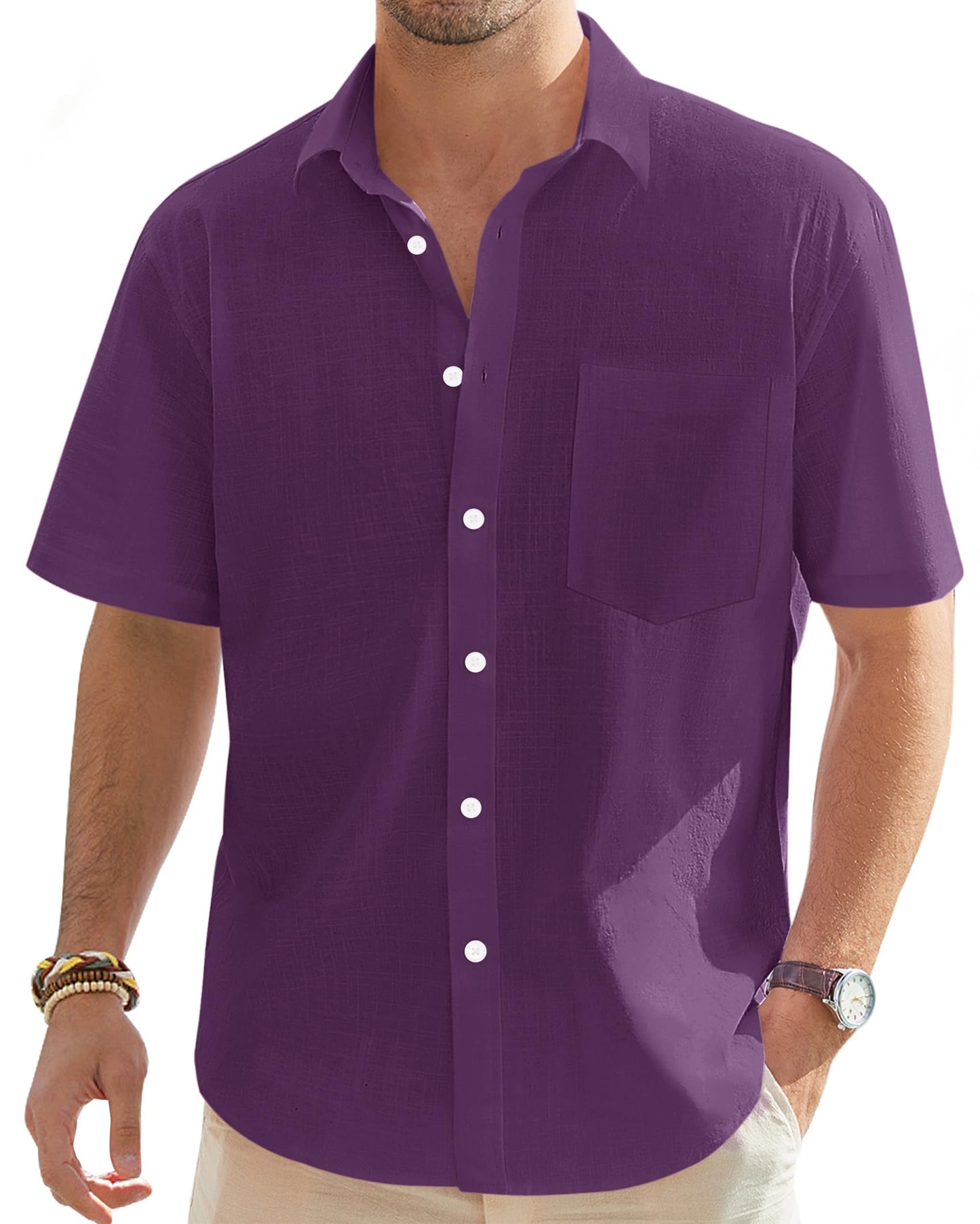 J.VER Men's Short Sleeve Linen Cotton Shirts Casual Button Down Shirt Summer Beach Tops with Pocket Dark Purple Medium