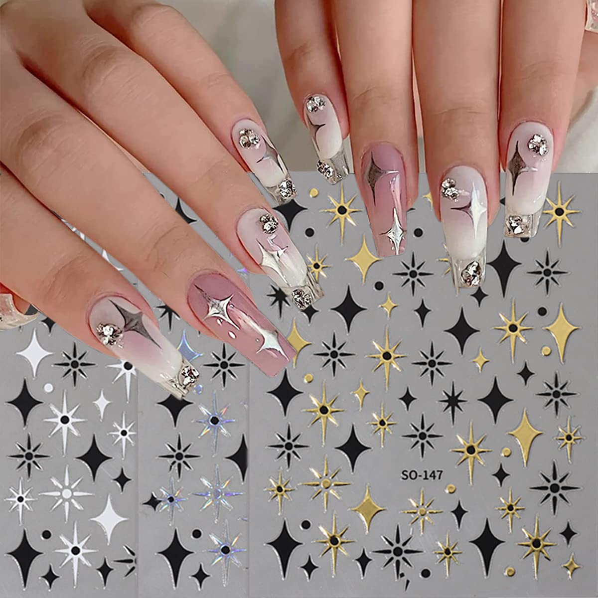 6 Sheets Sun Star Nail Art Stickers Bronzing Moon Nail Decals 3D Self-Adhesive Heart Nail Stickers Rose Gold Sliver Starlight Moon Star Nail Designs Sticker for Women DIY Acrylic Nail Art Supplies