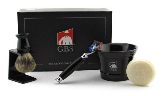 G.B.S Men's Grooming Kit - 5 Blade Razor, Black Ceramic Mug, All-Natural Glycerin Soap, Shaving Brush, Stand Ultimate Birthday Gift