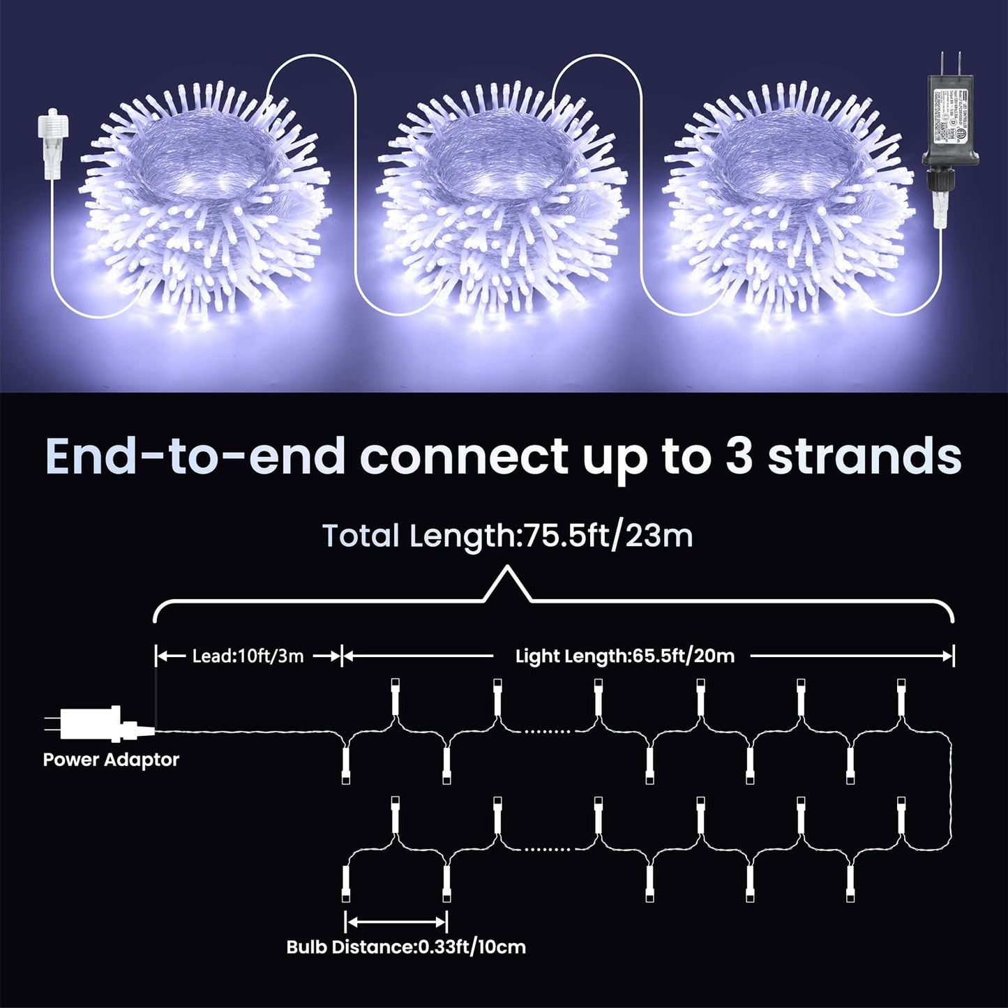 Christmas Lights Cool White, 75 Ft 200 LED Christmas String Lights Connectable, 8 Modes, Timer, Waterproof Fairy Twinkle Lights for Christmas Party, Garden, Patio, Home, Holiday, Xmas Tree Decorations