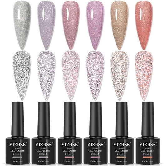 MIZHSE Reflective Base Nail Polish Gel 10ml, 2 In 1 Glitter Shiny Rubber Base Gel Nail Art Soak Off Shimmery Manicure Set for Home Salon 6 Pcs