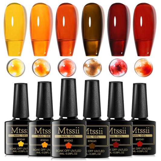 MTSSII Jelly Crystal Gel Nail Polish Translucent Tortoise Shell Nails Wine Burgundy Red Coral Caramel Orange Amber Brown Grey Fall Autumn 6 Colors Soak Off UV LED Manicure Art Kit For DIY Home