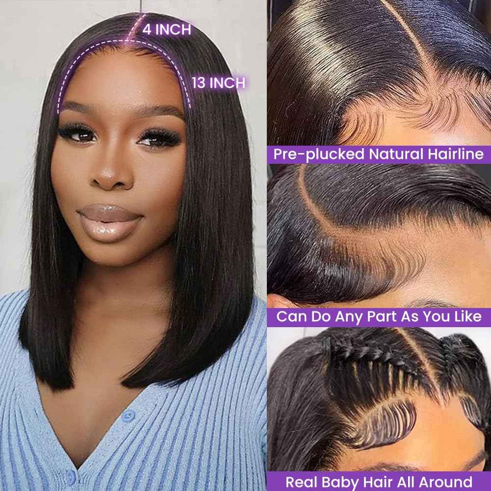 Bob Wig Human Hair Straight 13X4 Lace Front Wig Human Hair 150% Density Short Straight Frontal Bob Wig 13x4 HD Transparent Lace Frontal wig Pre Plucked With Baby Hair Free Part Natural black 08 Inch