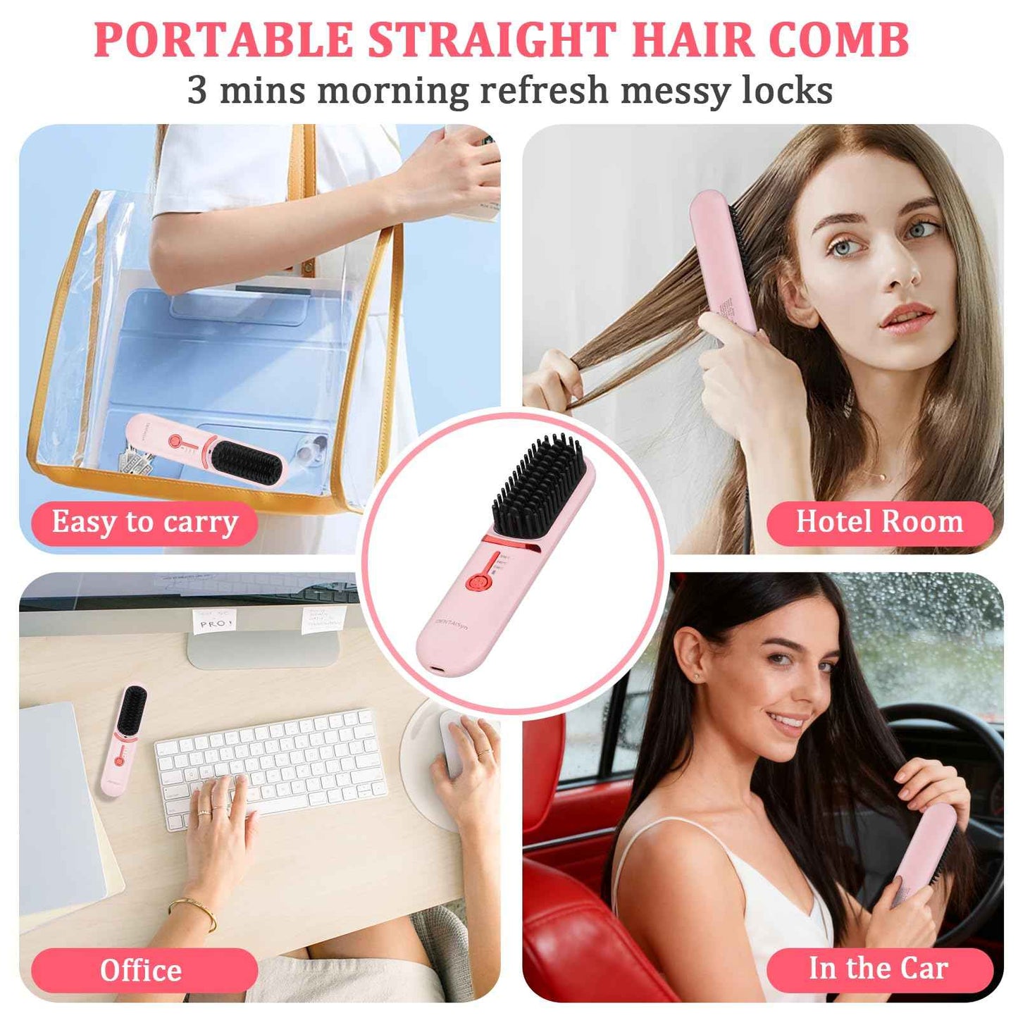 Cordless Hair Straightener Brush - Portable Hair Brush for Travel - 30s Fast Heating - Portable Straightening Brush for Travel, Mini Hot Straightening Comb for Women