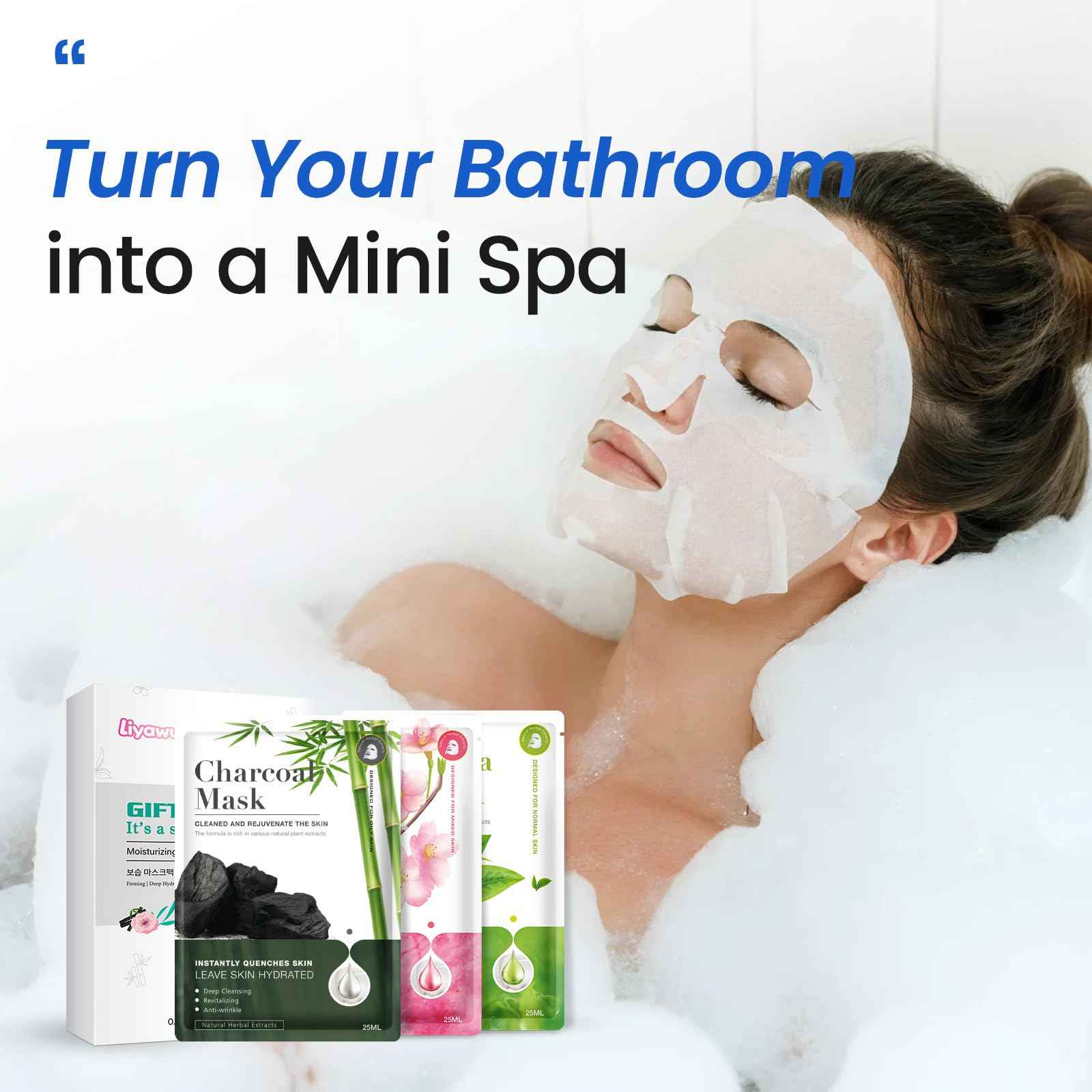 Liyawudo 18 Pack Centella Asiatica Face Mask Set – Hydrating Face Masks with Green Tea, Sakura & Charcoal | Moisturizing Facial Masks for Women | Sensitive & All Skin Types