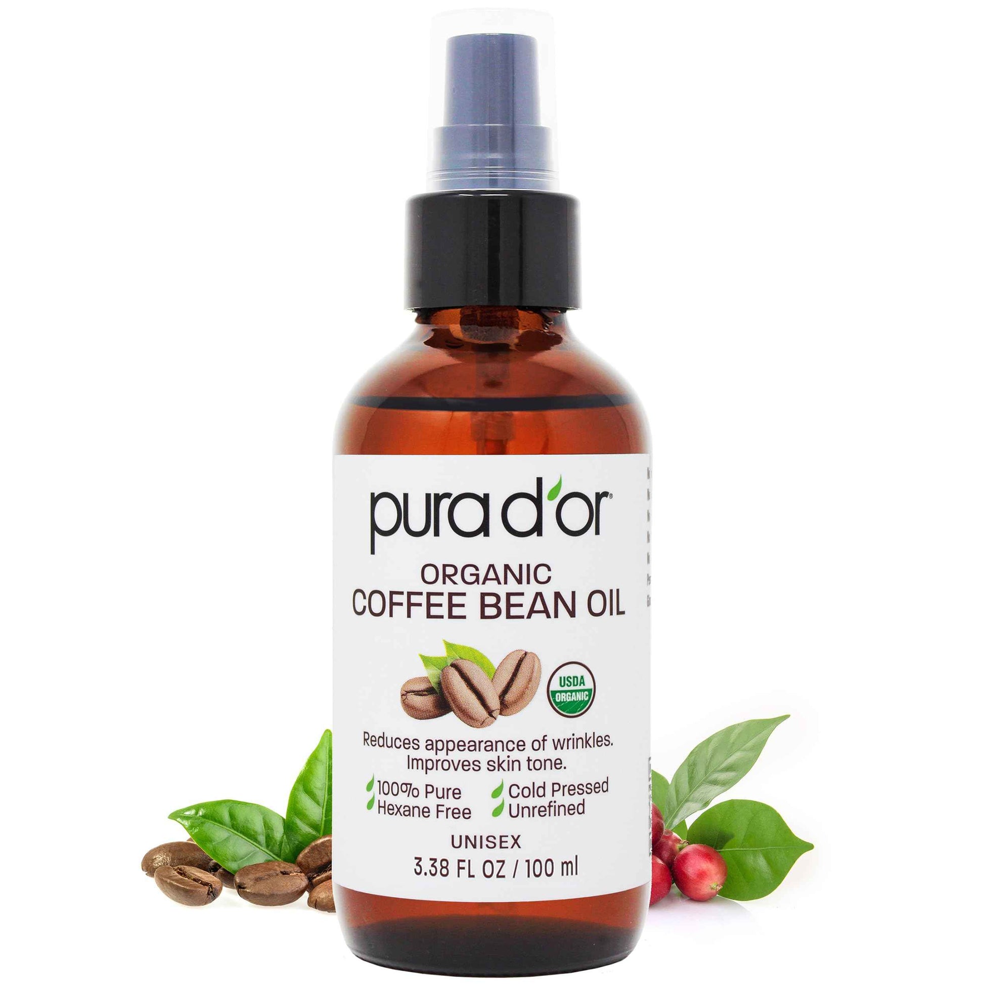 PURA D'OR 3.38 Oz ORGANIC Coffee Bean Oil - 100% Pure USDA Certified Premium Grade Natural Moisturizer, Cold Pressed, Unrefined, Hexane-Free Base Carrier Oil for DIY Skin Care For Men & Women