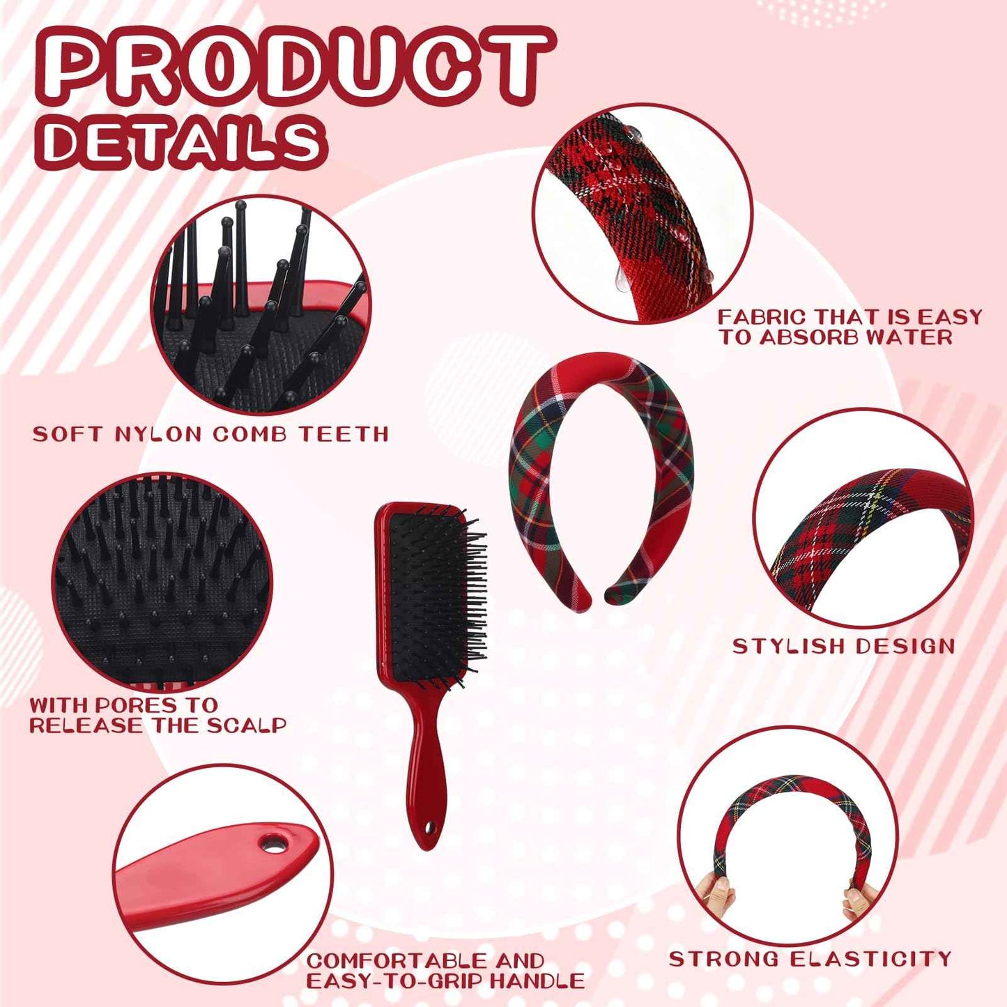 Vesici 6 Set Christmas Tartan Gift Bulk for Women Plaid Headbands Bulk Stocking Stuffers Head Spa Set Tartan Hair Brush with Plastic Bags & Labels Items Accessory for Spa Xmas Party Salon Makeup
